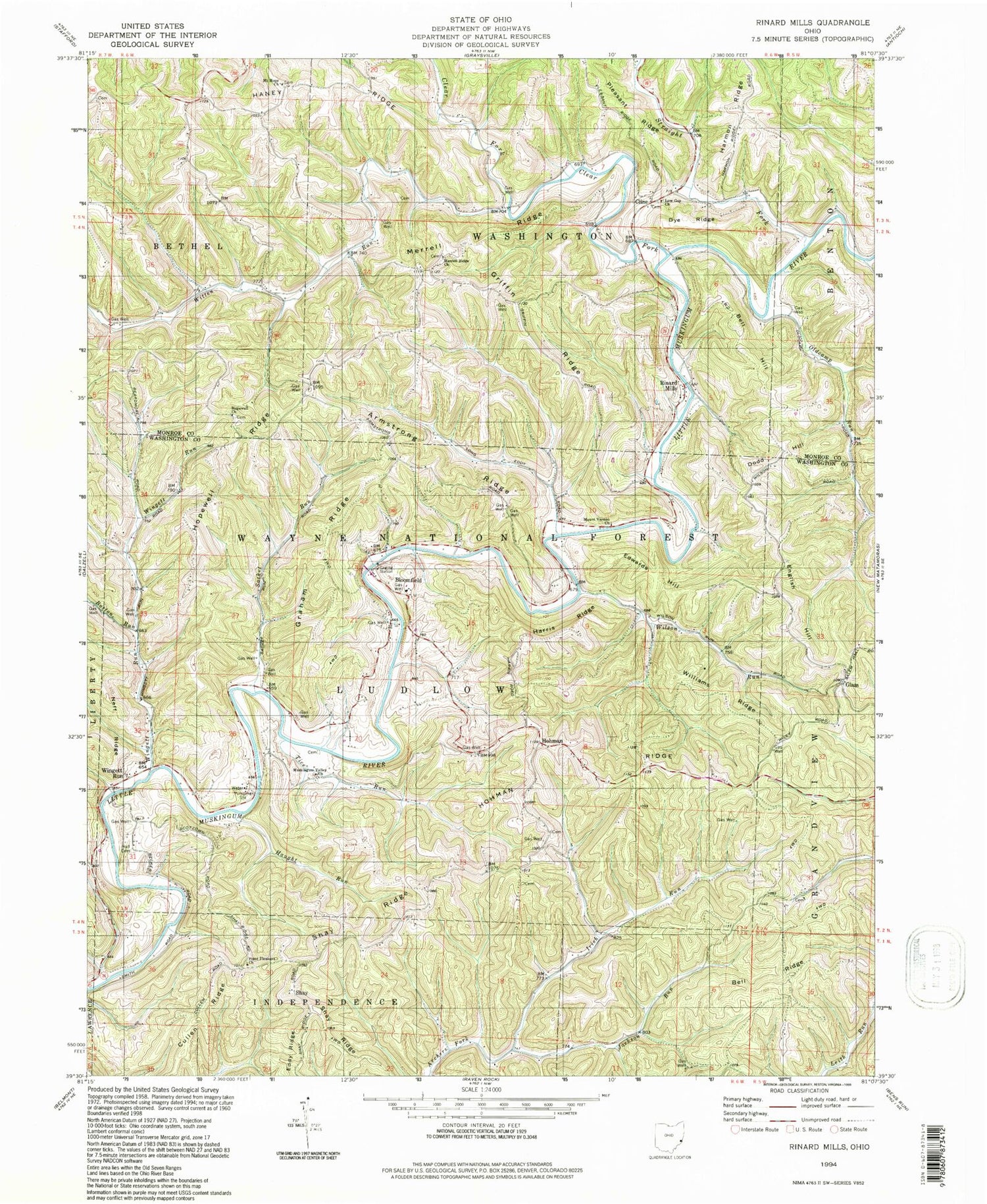 Classic USGS Rinard Mills Ohio 7.5'x7.5' Topo Map Image