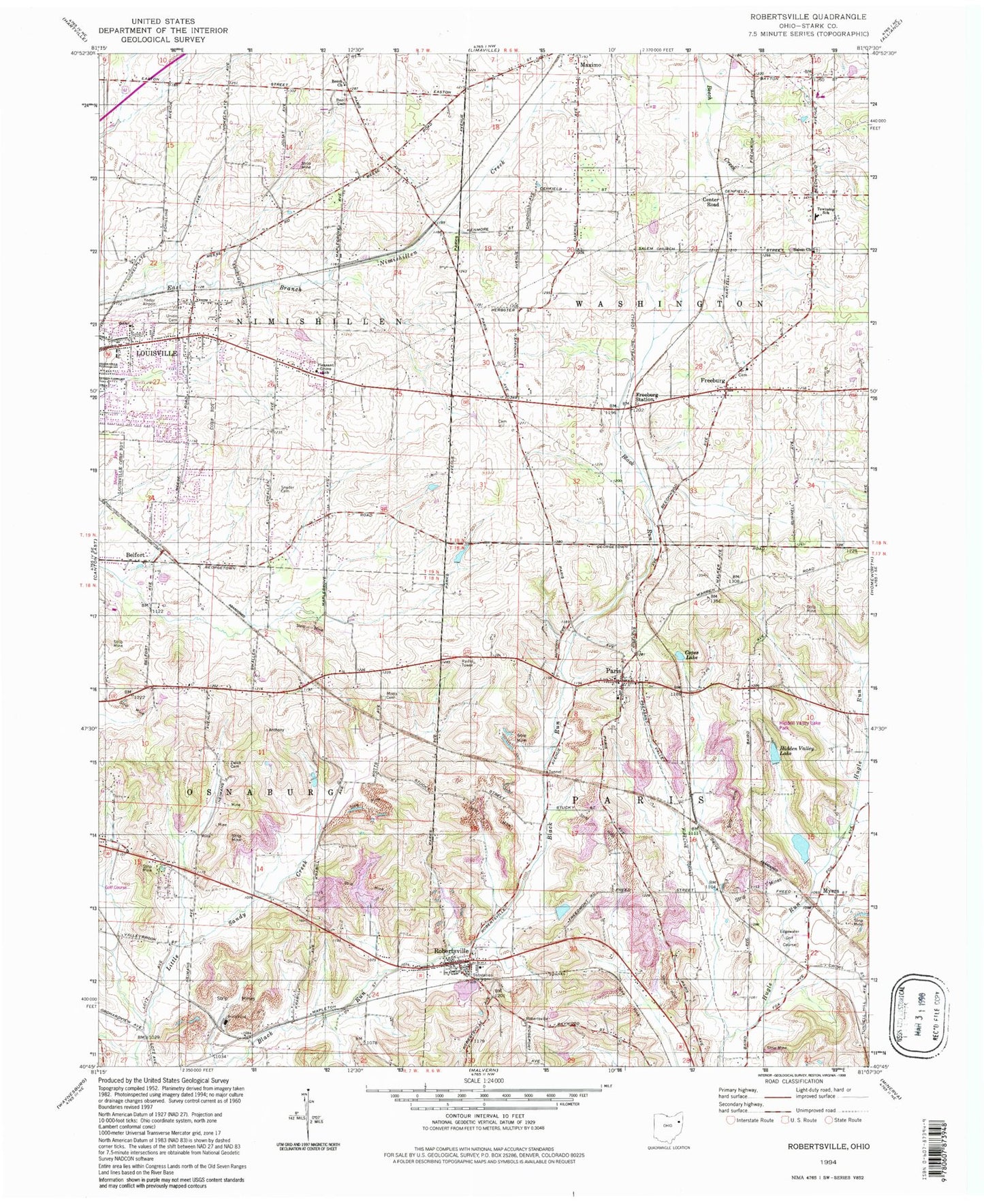 Classic USGS Robertsville Ohio 7.5'x7.5' Topo Map Image