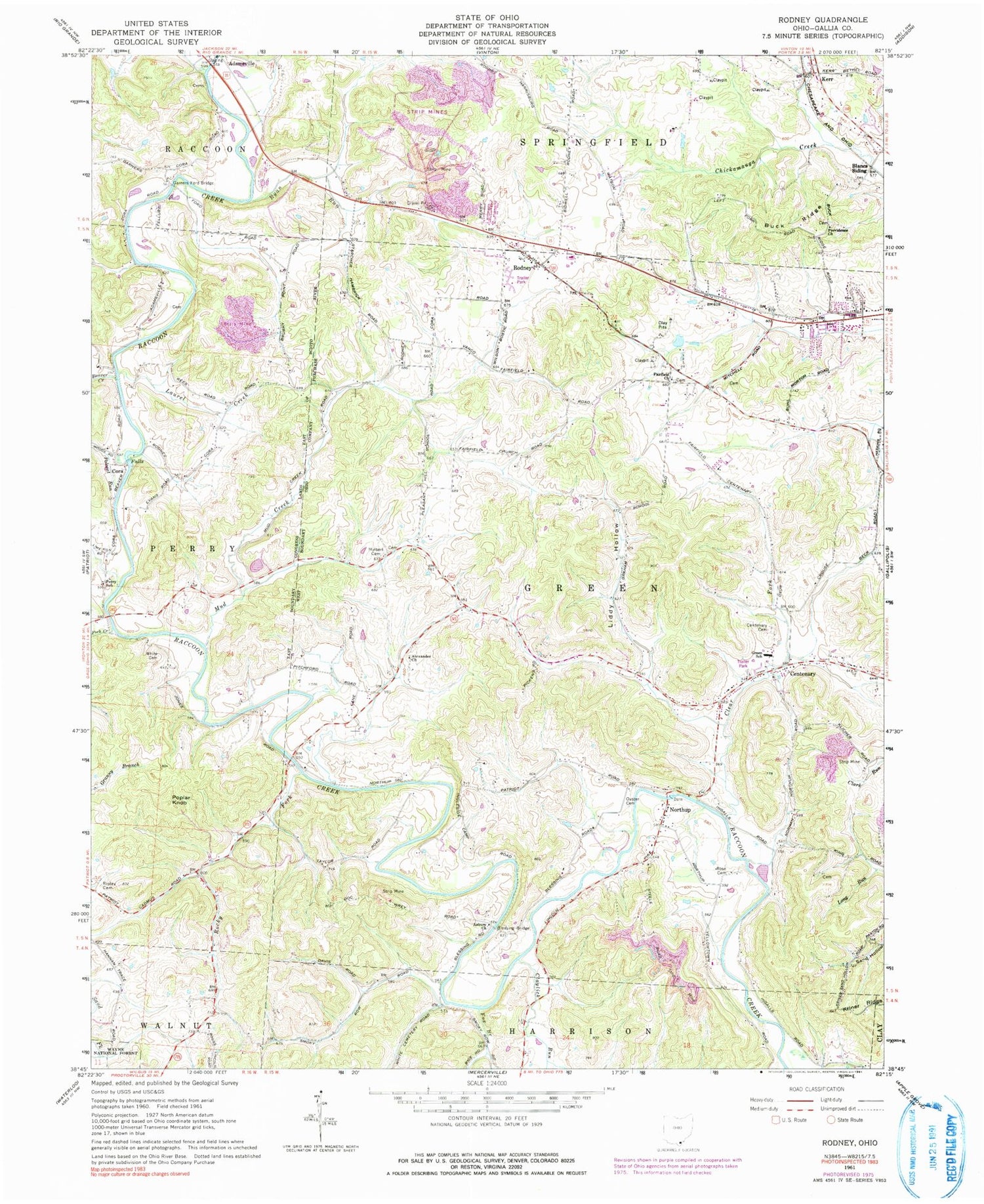 Classic USGS Rodney Ohio 7.5'x7.5' Topo Map Image