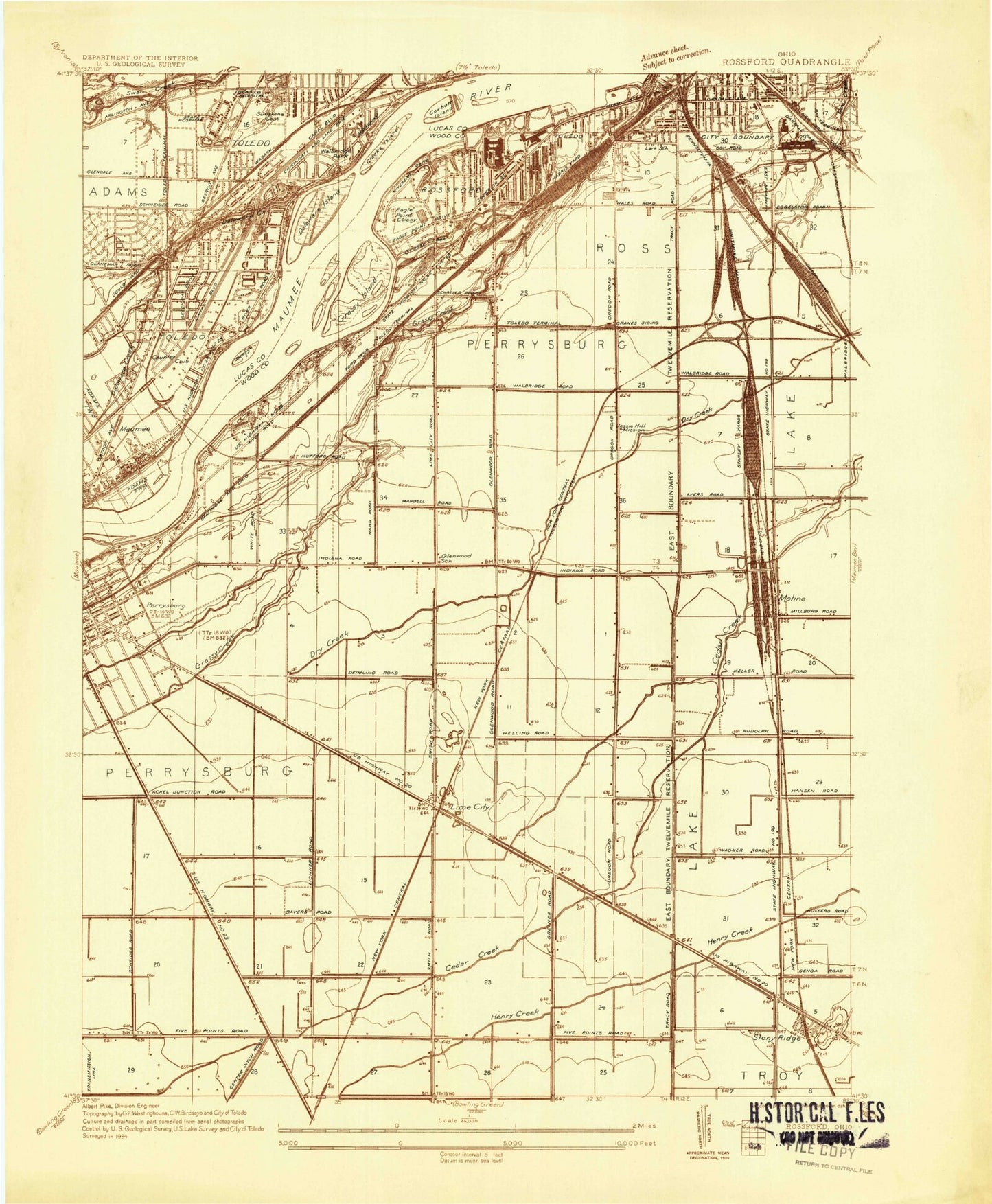 Classic USGS Rossford Ohio 7.5'x7.5' Topo Map Image
