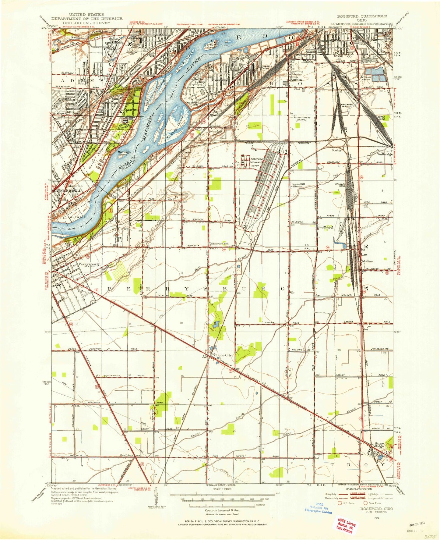 Classic USGS Rossford Ohio 7.5'x7.5' Topo Map Image