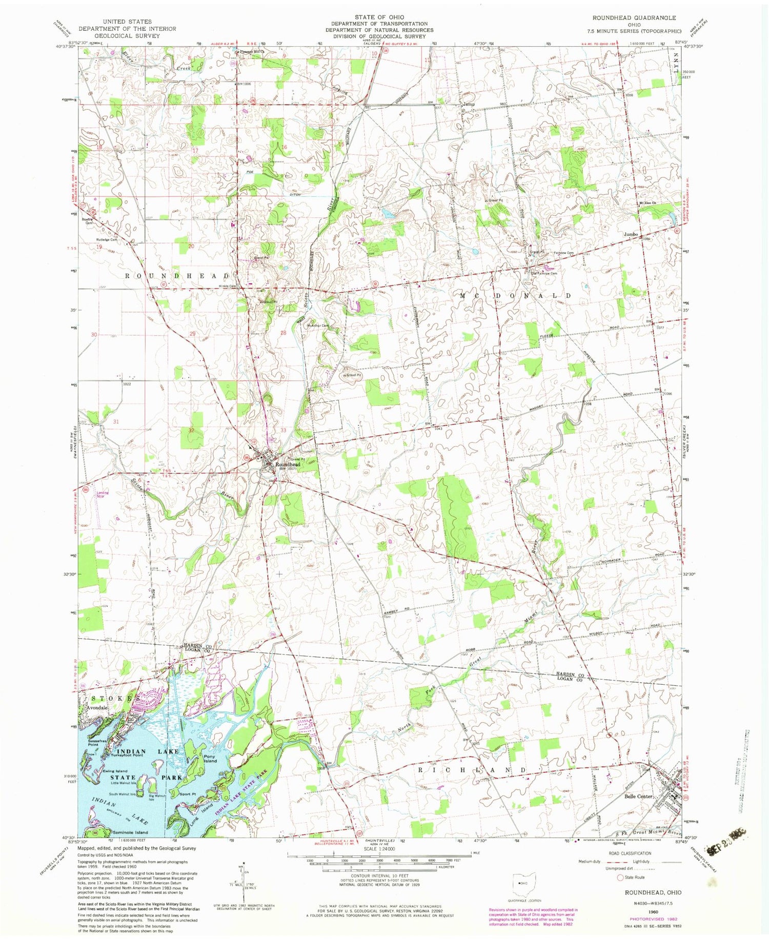 Classic USGS Roundhead Ohio 7.5'x7.5' Topo Map Image