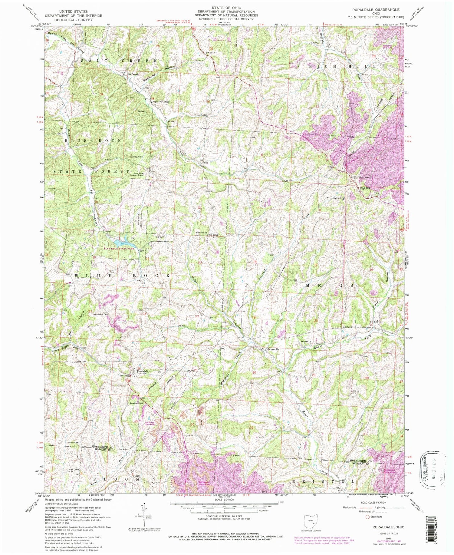 Classic USGS Ruraldale Ohio 7.5'x7.5' Topo Map Image