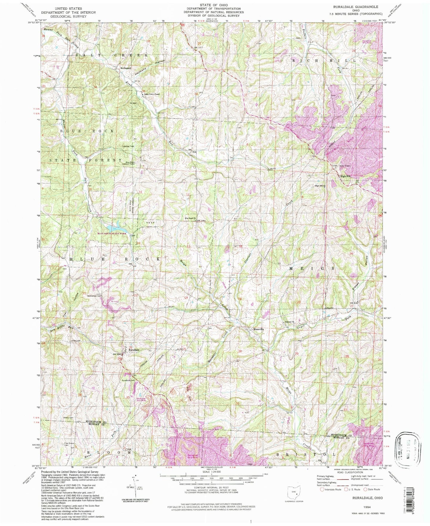 Classic USGS Ruraldale Ohio 7.5'x7.5' Topo Map Image