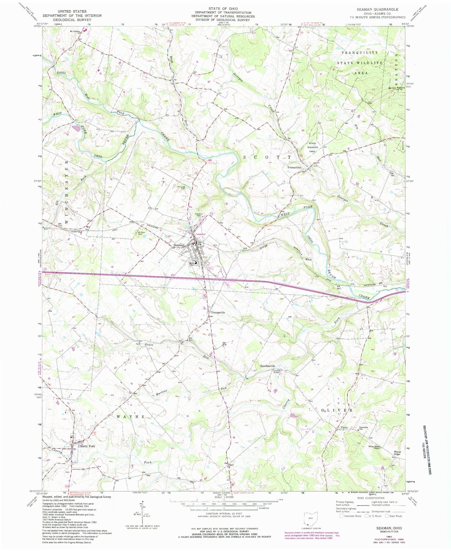 Classic USGS Seaman Ohio 7.5'x7.5' Topo Map Image