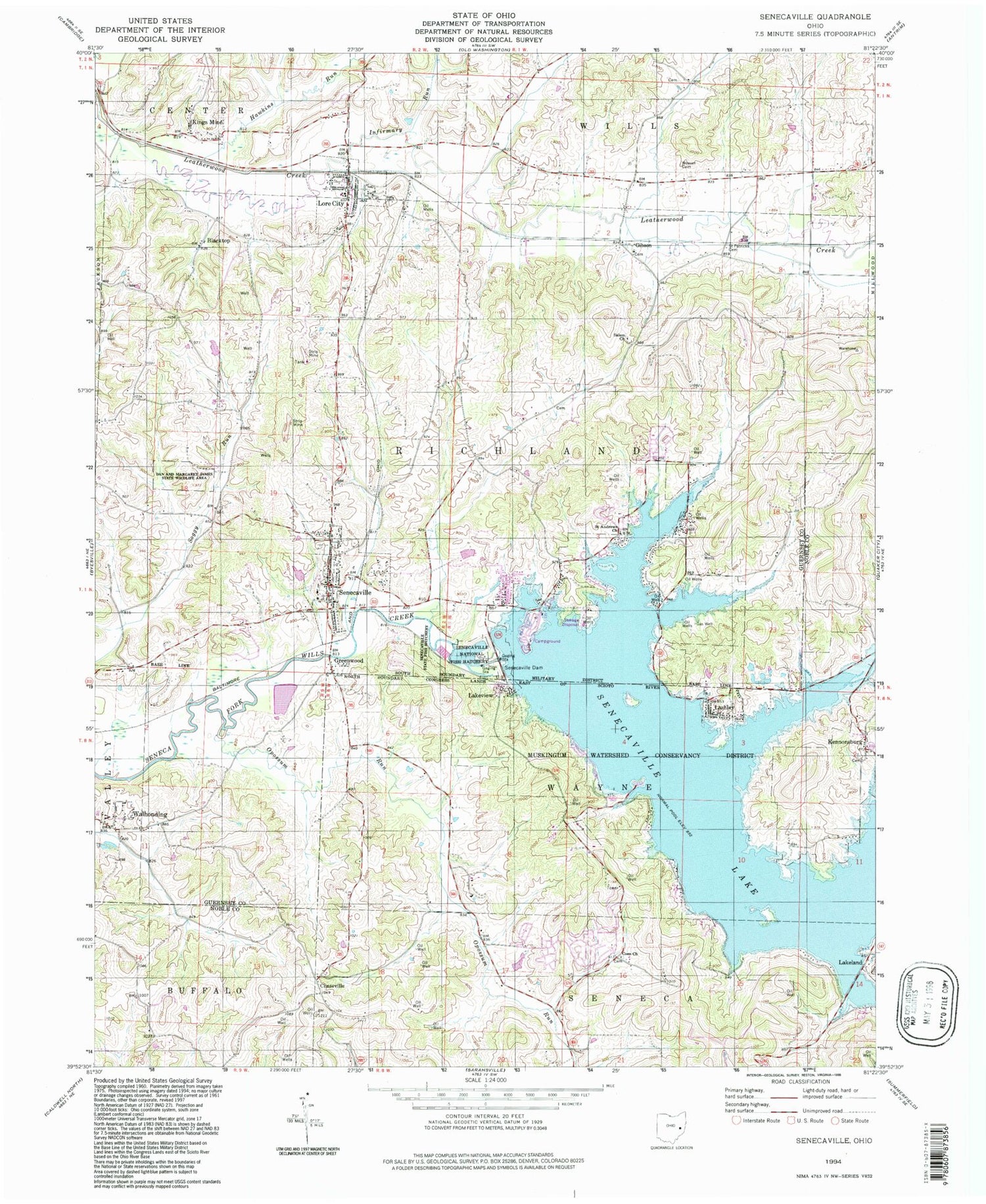 Classic USGS Senecaville Ohio 7.5'x7.5' Topo Map Image