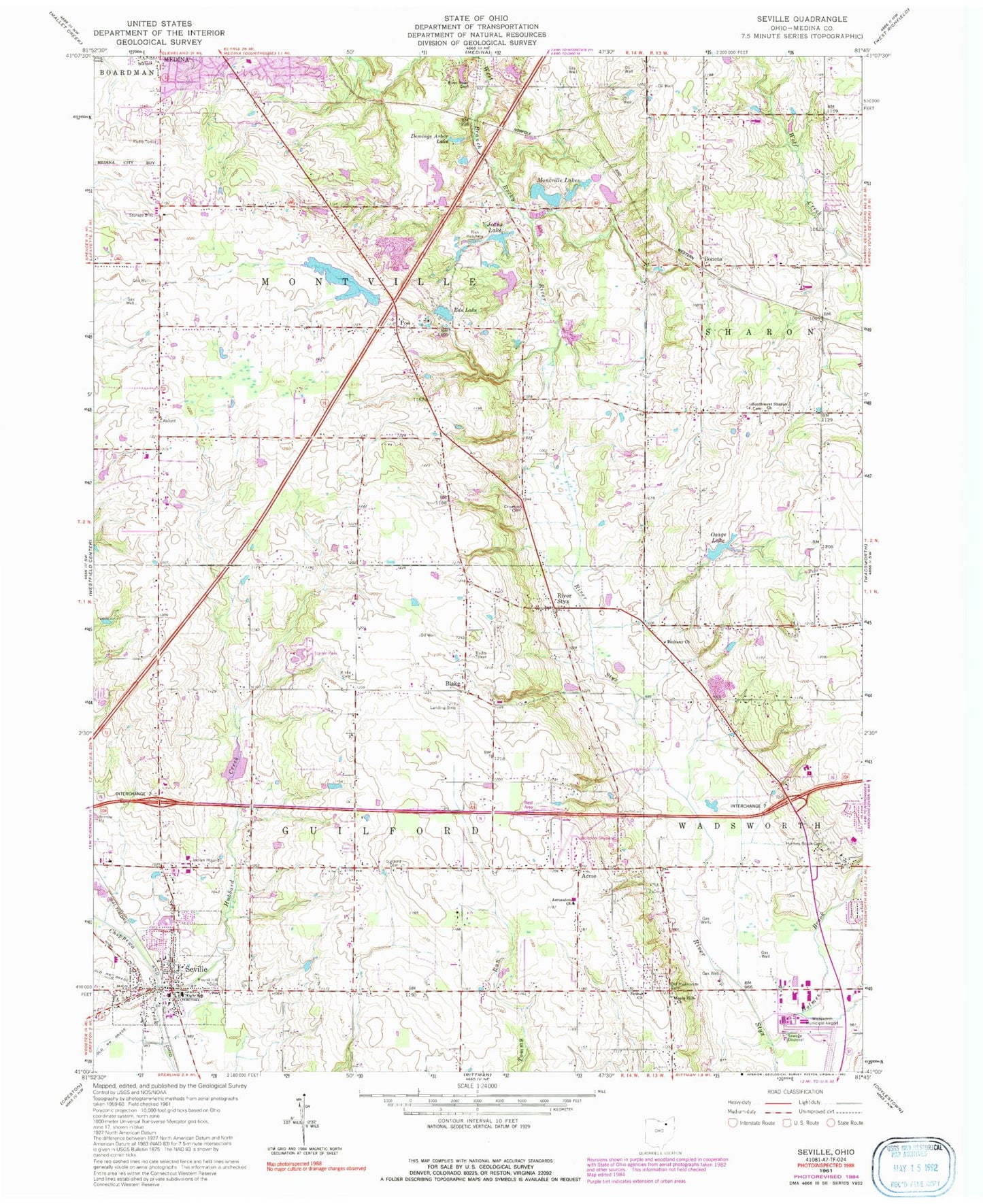 Classic USGS Seville Ohio 7.5'x7.5' Topo Map Image