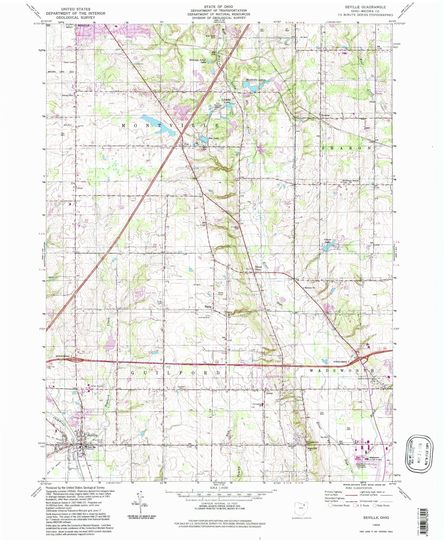 Classic USGS Seville Ohio 7.5'x7.5' Topo Map Image