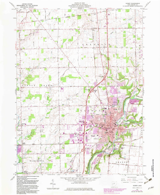 Classic USGS Sidney Ohio 7.5'x7.5' Topo Map Image