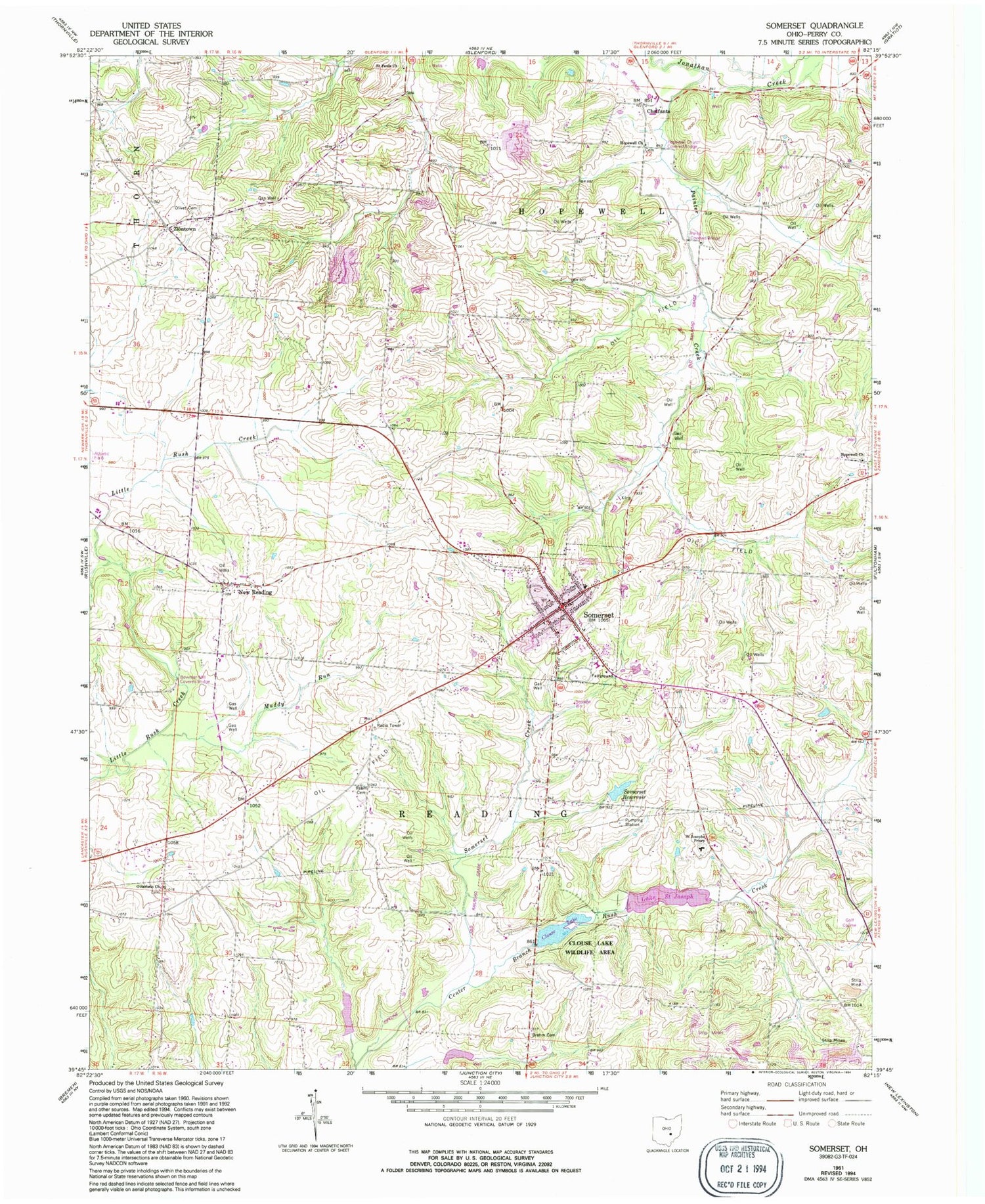 Classic USGS Somerset Ohio 7.5'x7.5' Topo Map Image