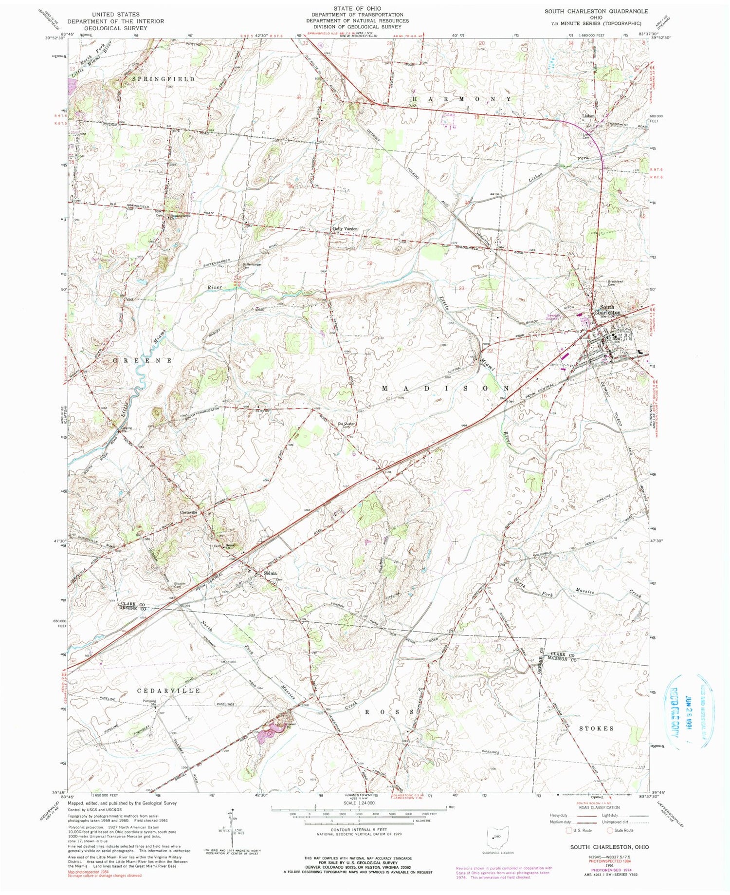 Classic USGS South Charleston Ohio 7.5'x7.5' Topo Map Image