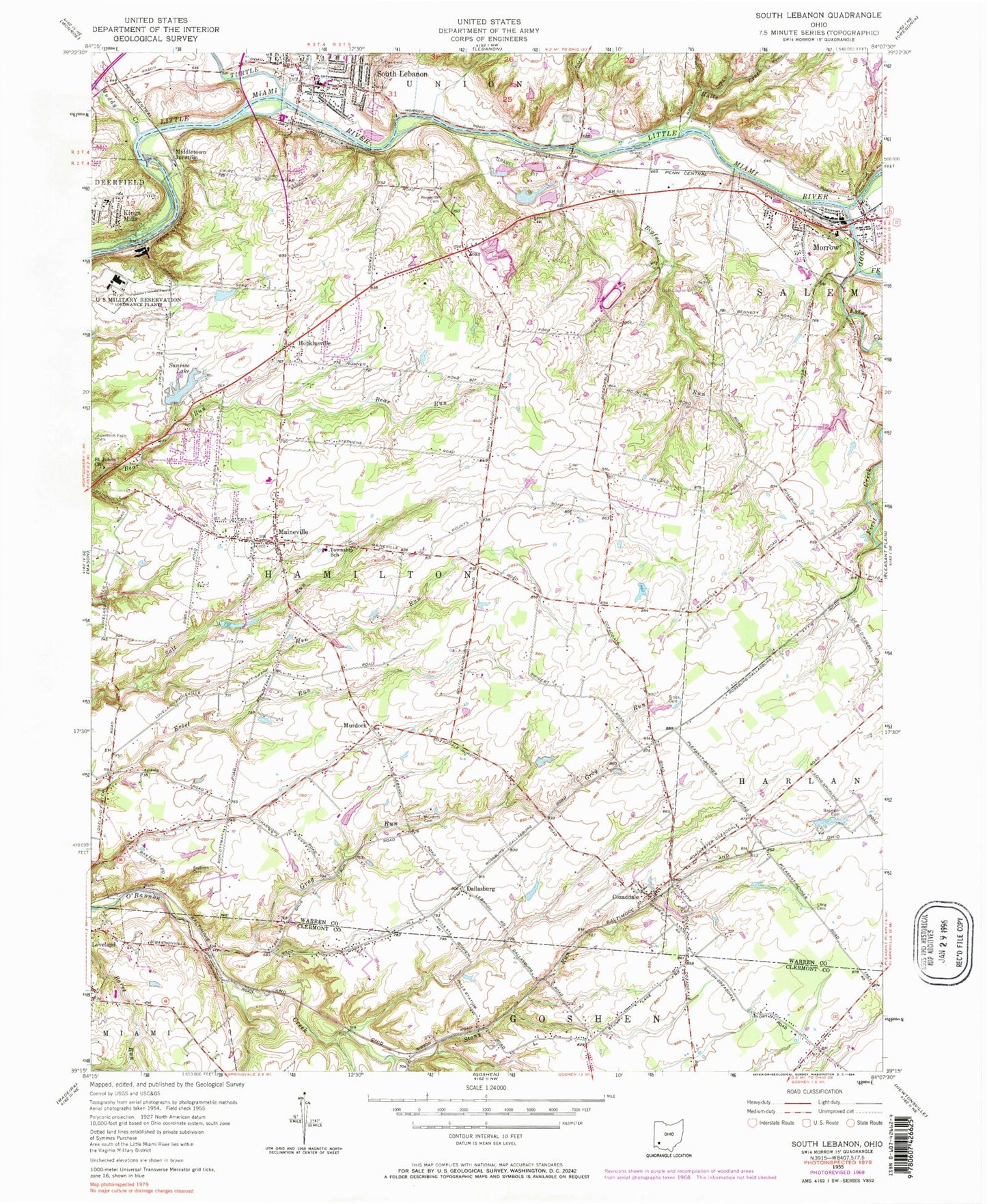 Classic USGS South Lebanon Ohio 7.5'x7.5' Topo Map Image