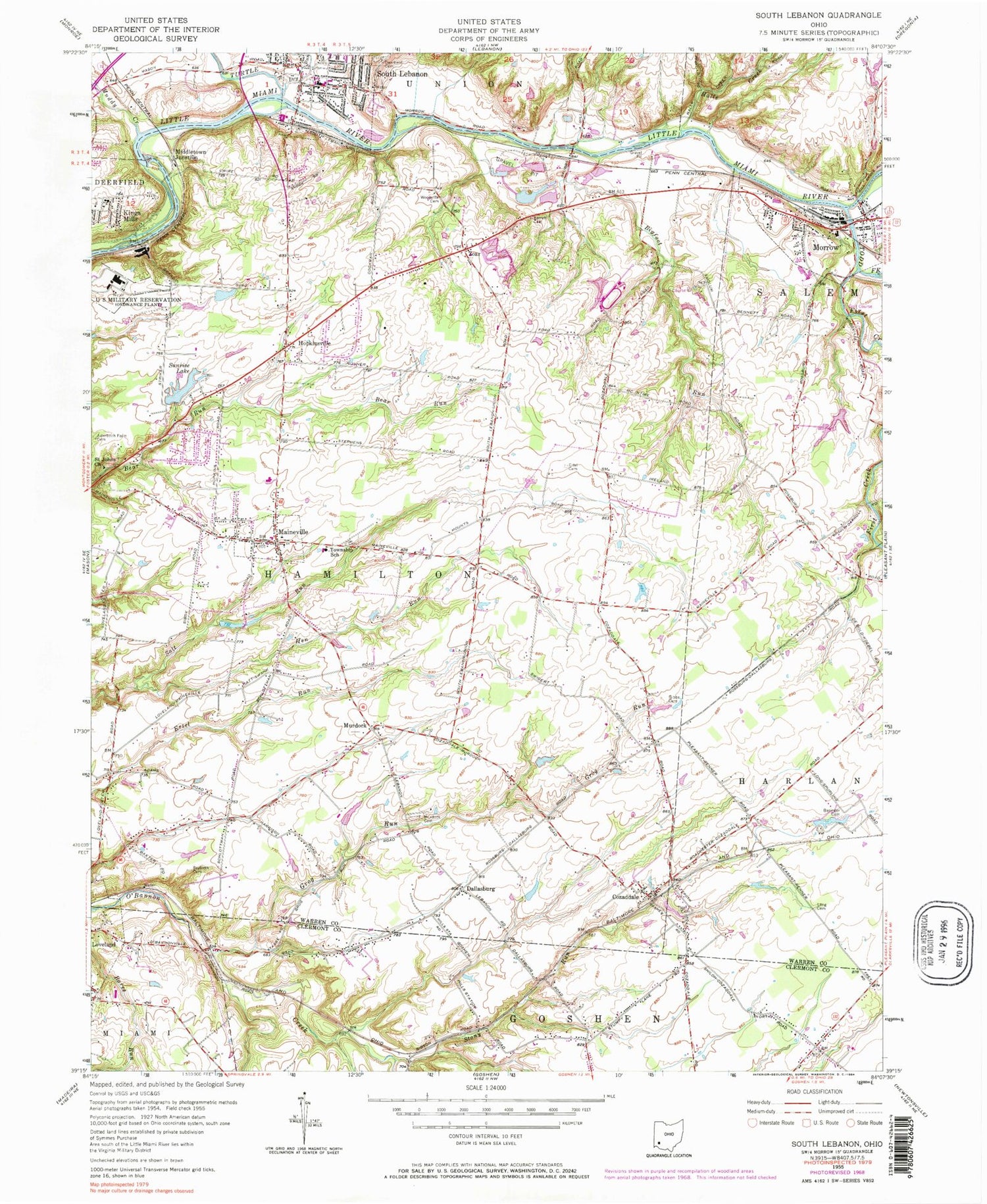 Classic USGS South Lebanon Ohio 7.5'x7.5' Topo Map Image