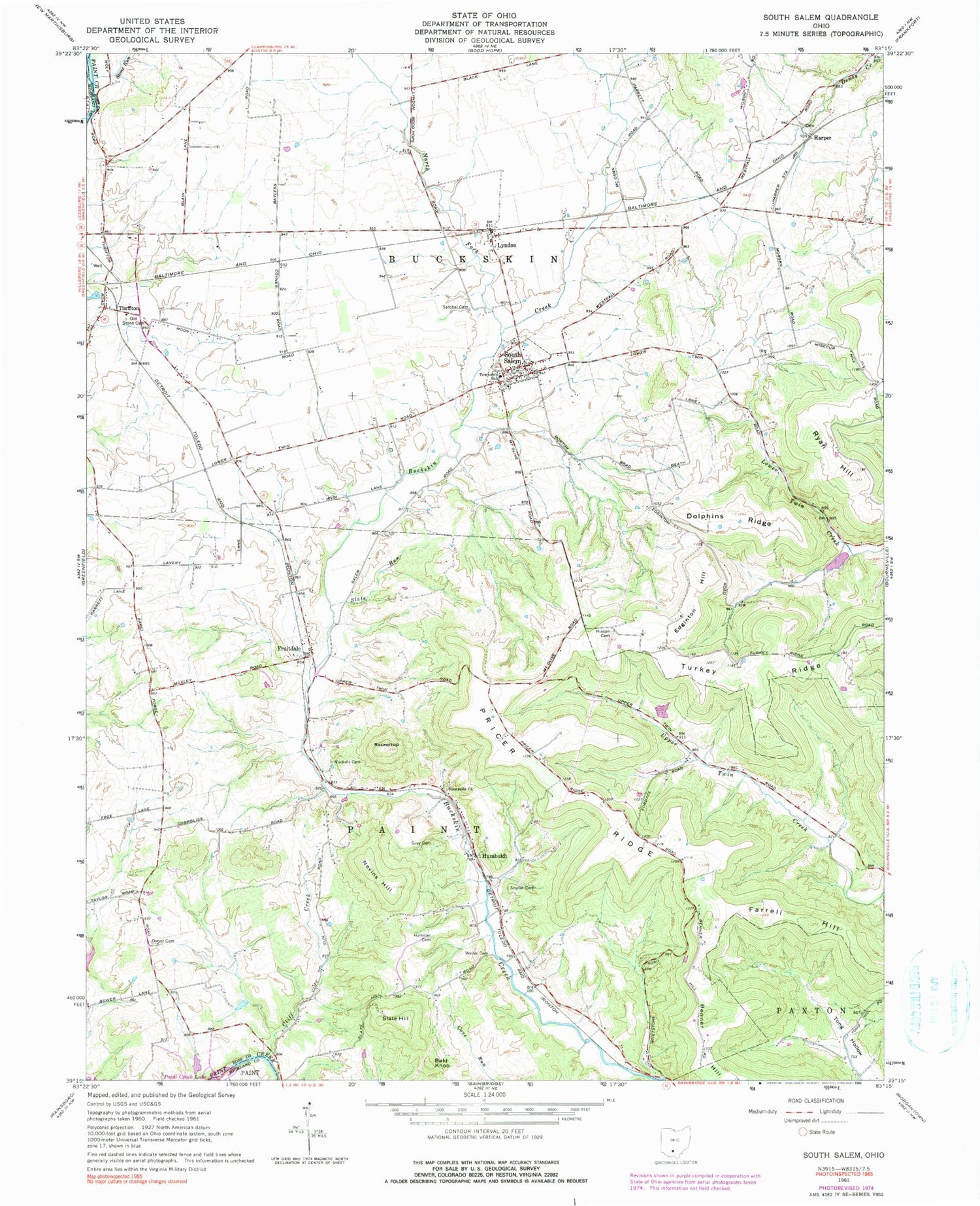 Classic USGS South Salem Ohio 7.5'x7.5' Topo Map Image