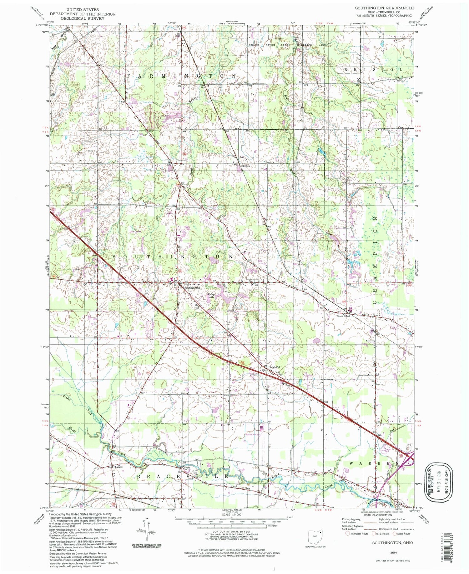 Classic USGS Southington Ohio 7.5'x7.5' Topo Map Image