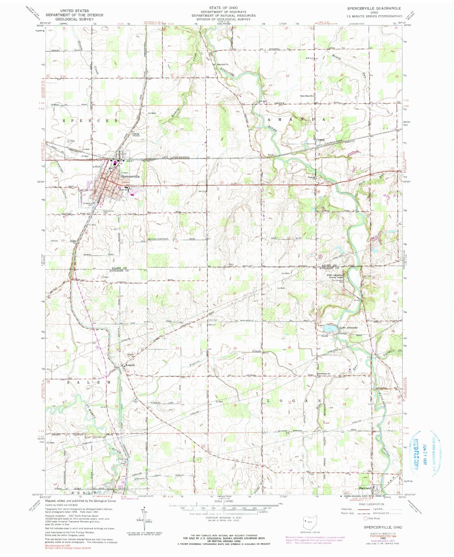 Classic USGS Spencerville Ohio 7.5'x7.5' Topo Map Image