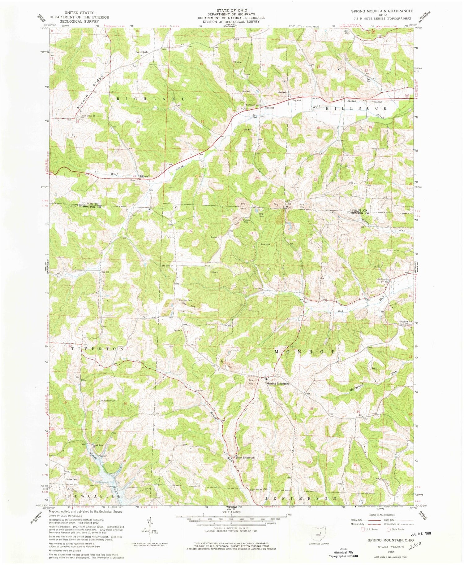 Classic USGS Spring Mountain Ohio 7.5'x7.5' Topo Map Image