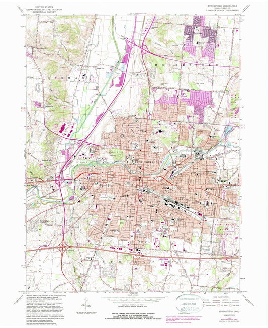 Classic USGS Springfield Ohio 7.5'x7.5' Topo Map Image