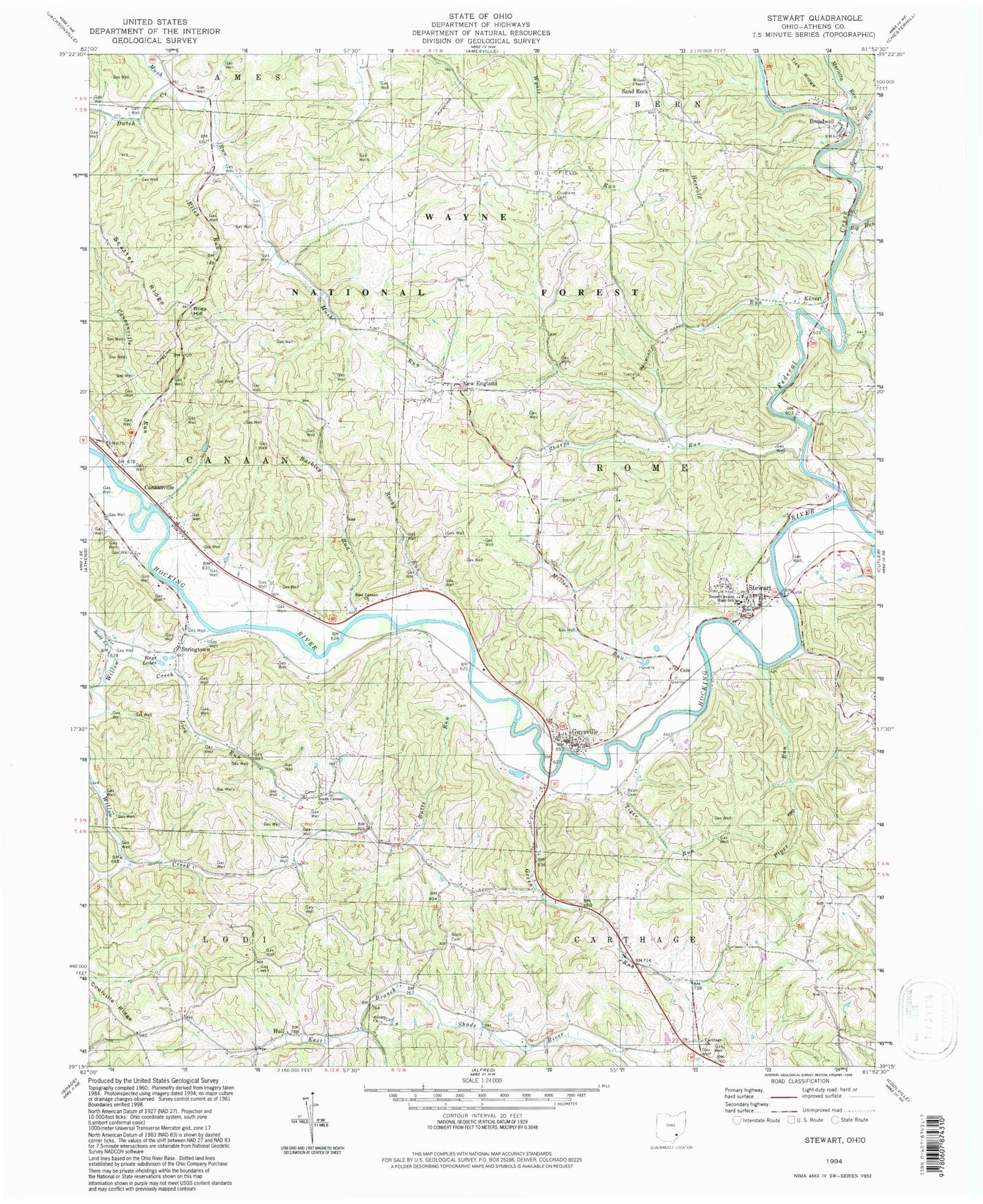 Classic USGS Stewart Ohio 7.5'x7.5' Topo Map Image