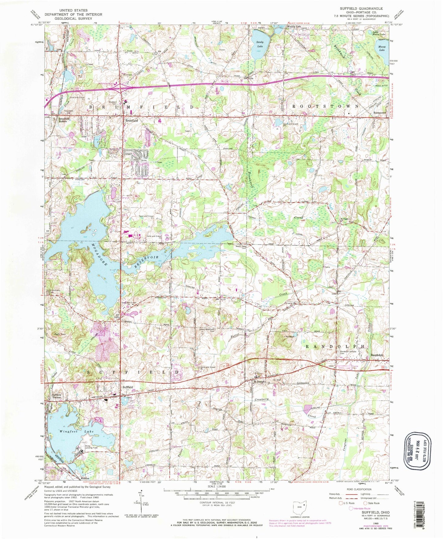 Classic USGS Suffield Ohio 7.5'x7.5' Topo Map Image
