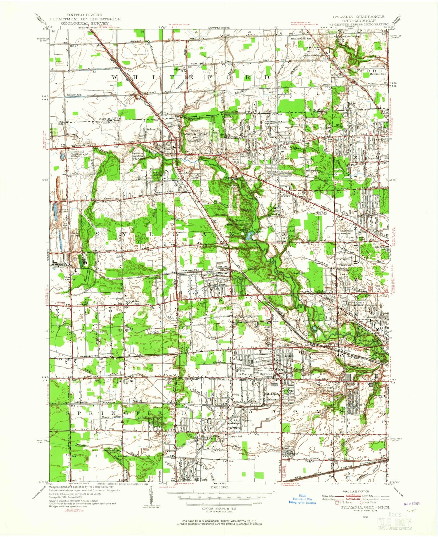 Classic USGS Sylvania Ohio 7.5'x7.5' Topo Map Image