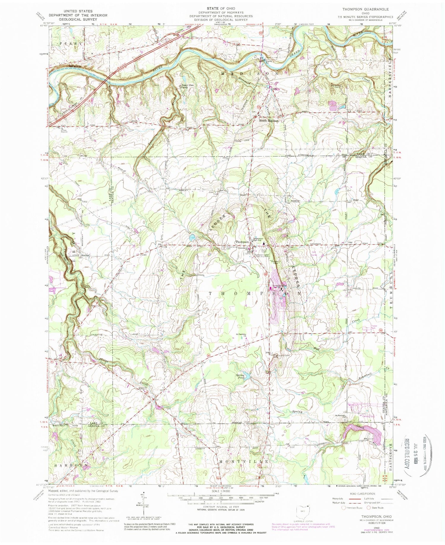 Classic USGS Thompson Ohio 7.5'x7.5' Topo Map Image