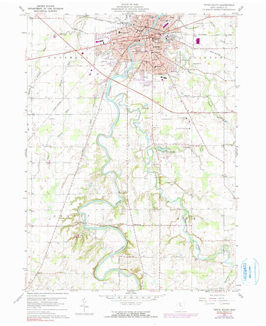 Classic USGS Tiffin South Ohio 7.5'x7.5' Topo Map Image