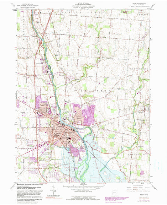 Classic USGS Troy Ohio 7.5'x7.5' Topo Map Image