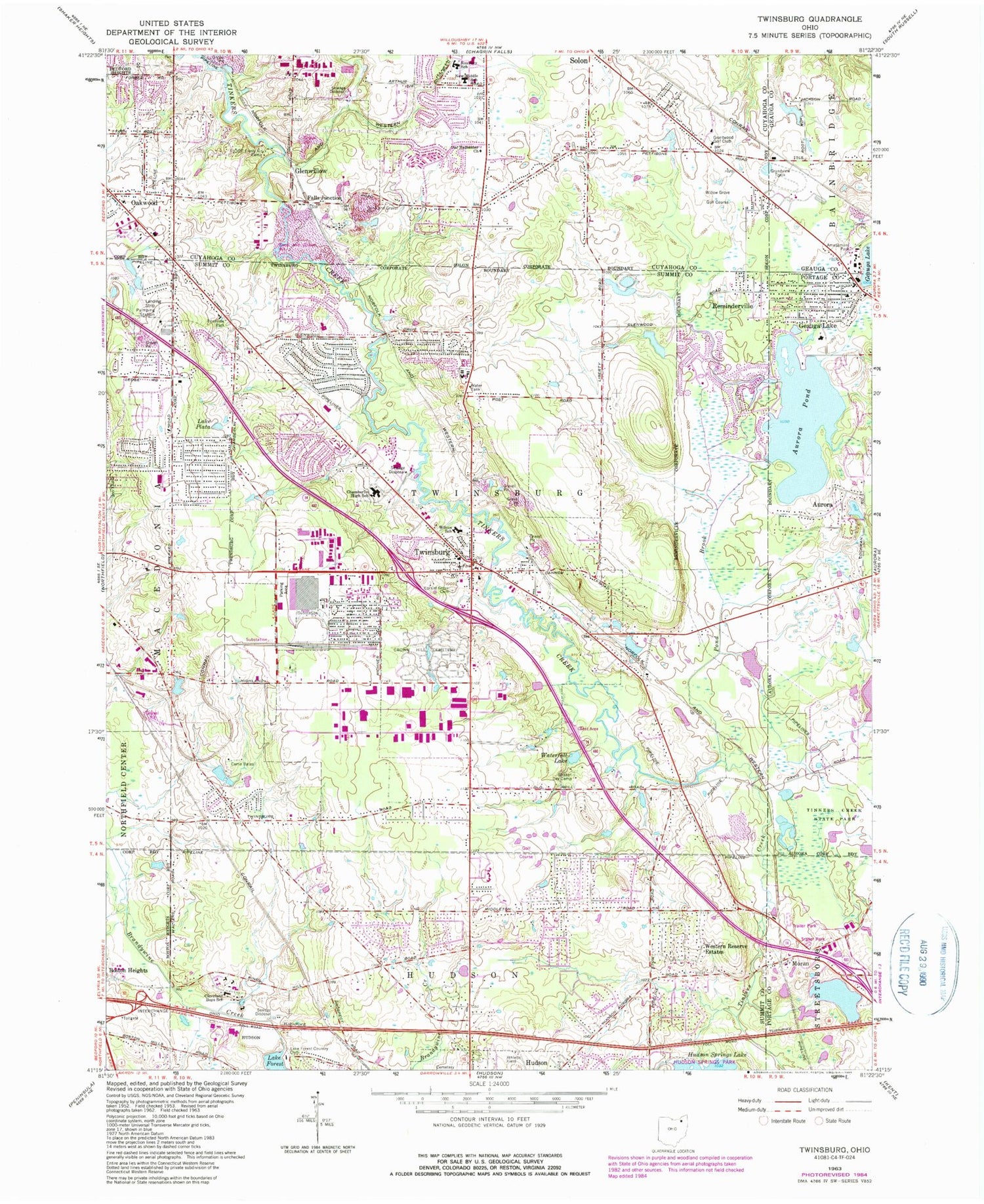 Classic USGS Twinsburg Ohio 7.5'x7.5' Topo Map Image