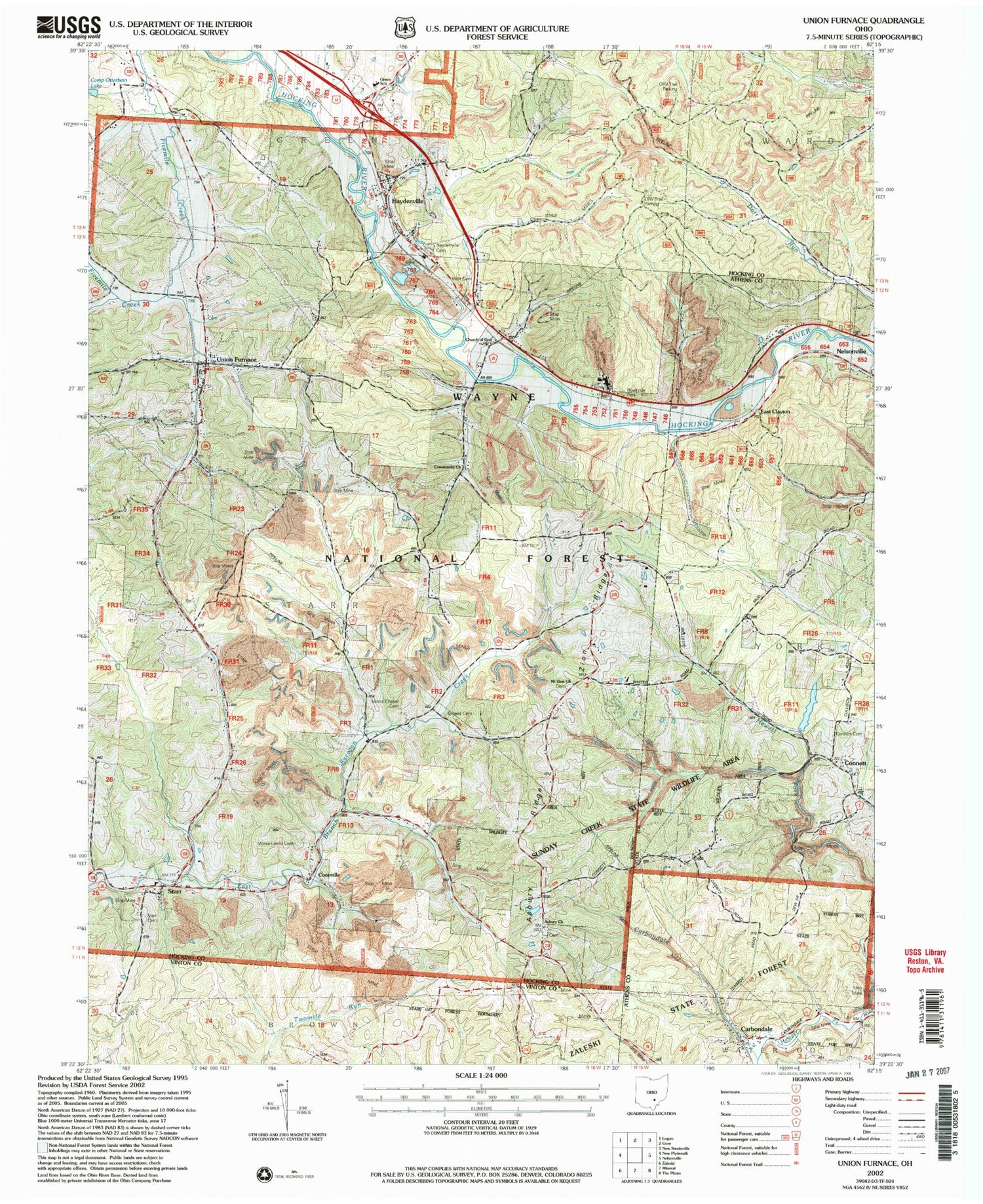 Classic USGS Union Furnace Ohio 7.5'x7.5' Topo Map Image