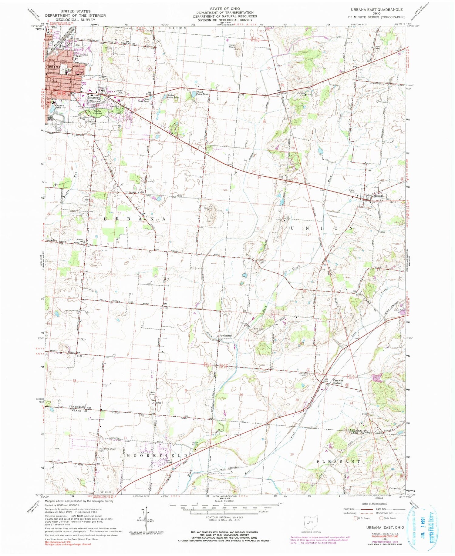 Classic USGS Urbana East Ohio 7.5'x7.5' Topo Map Image