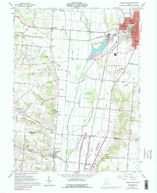 Classic USGS Urbana West Ohio 7.5'x7.5' Topo Map Image