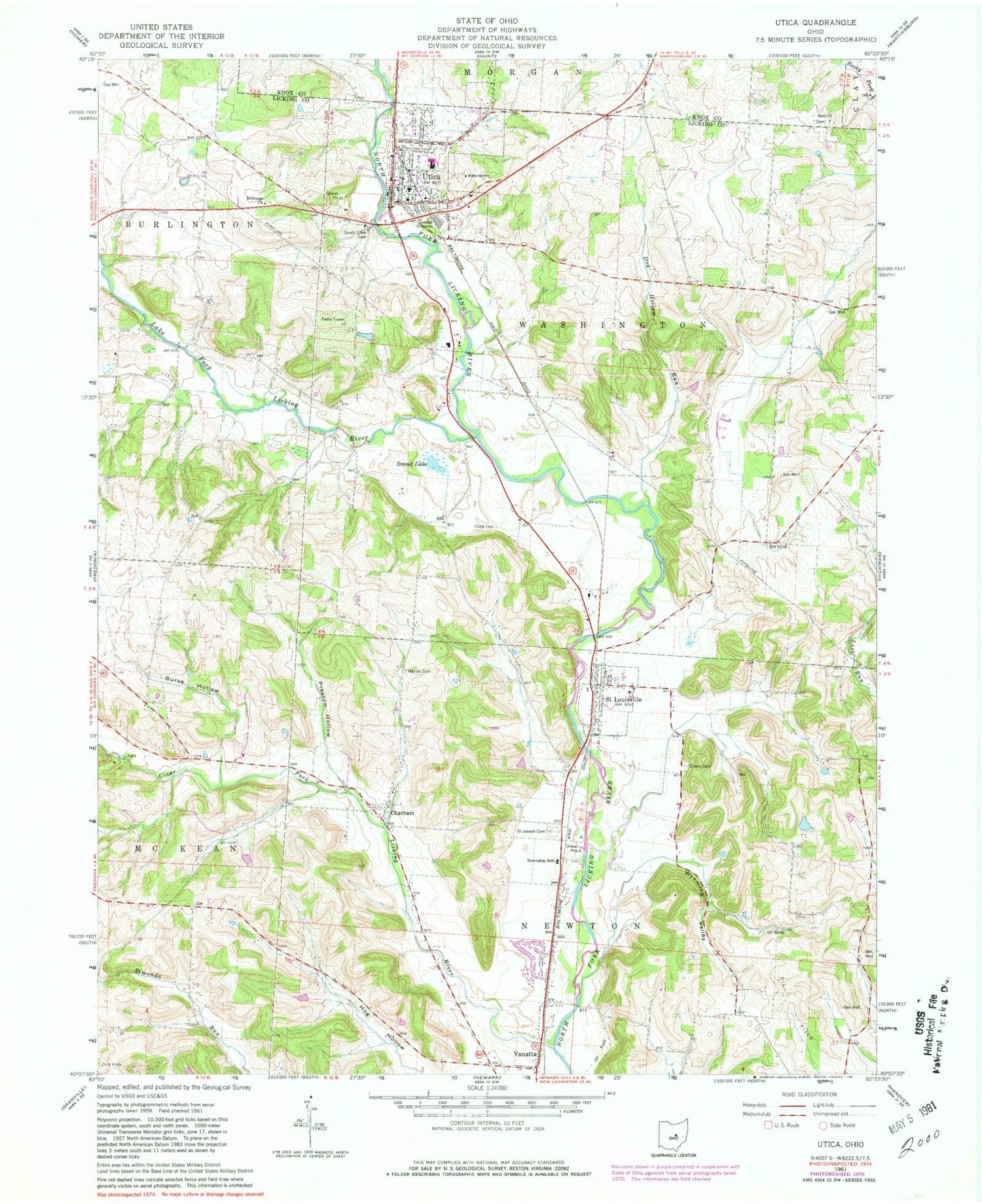 Classic USGS Utica Ohio 7.5'x7.5' Topo Map Image