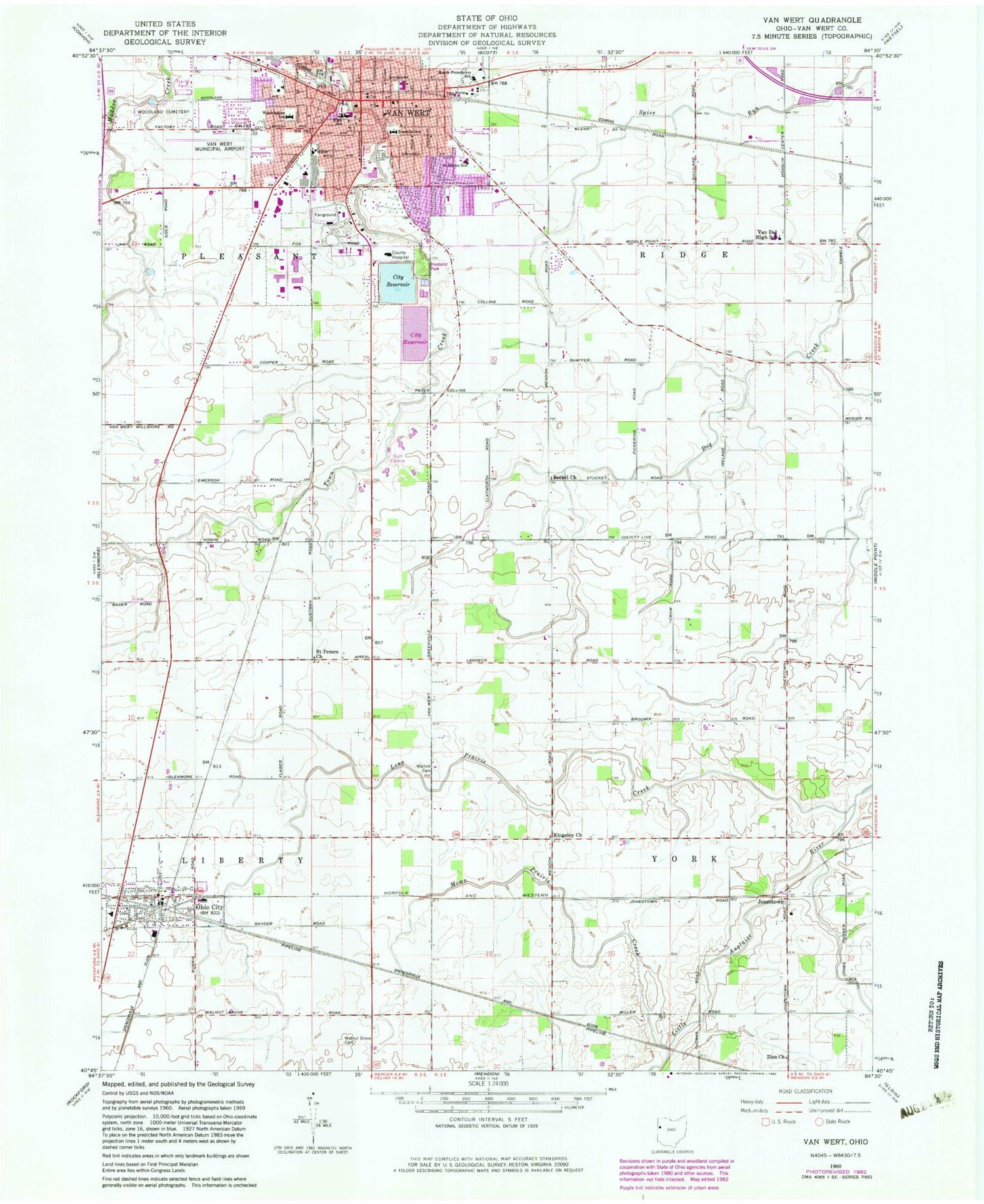 Classic USGS Van Wert Ohio 7.5'x7.5' Topo Map Image