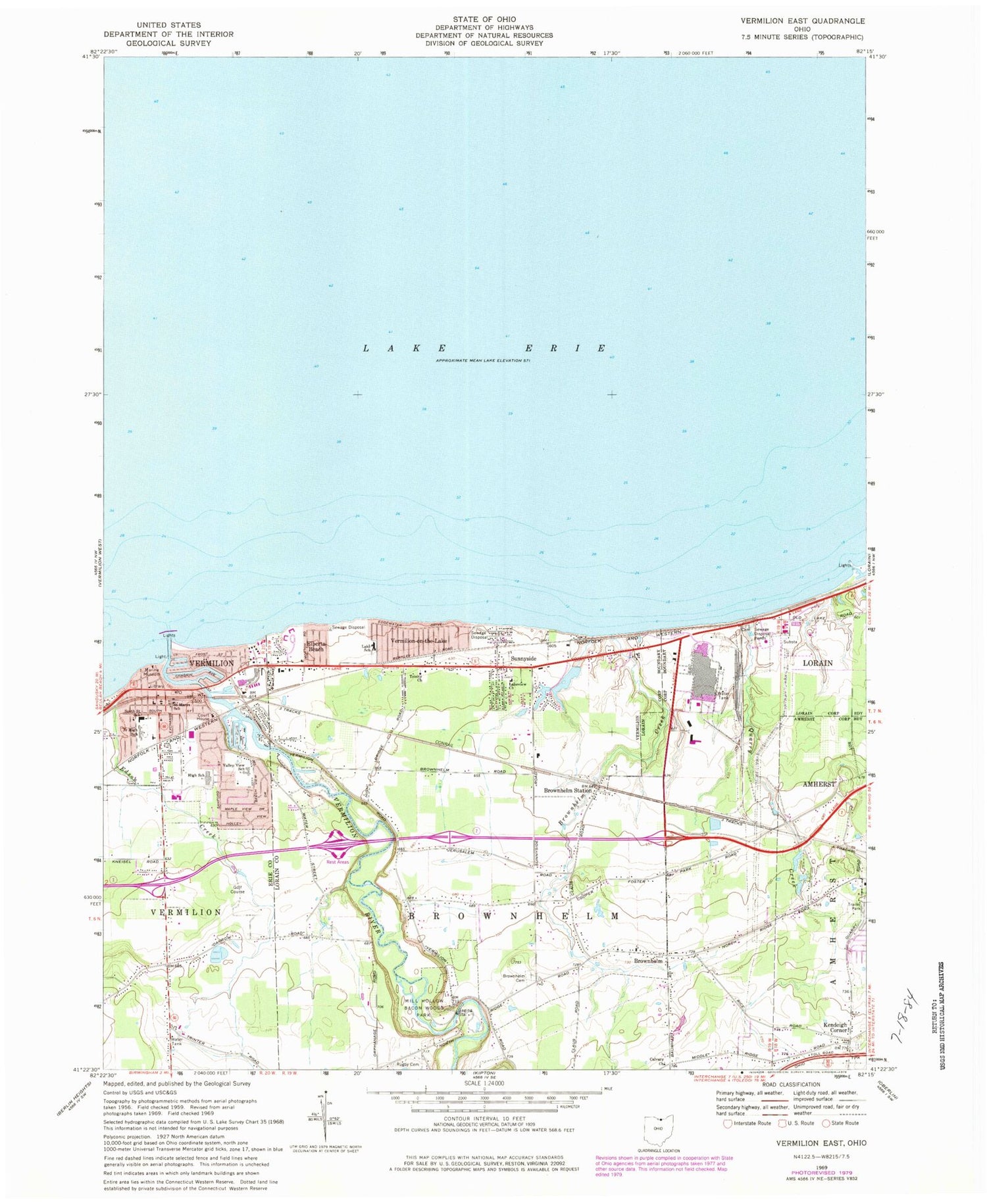 Classic USGS Vermilion East Ohio 7.5'x7.5' Topo Map Image
