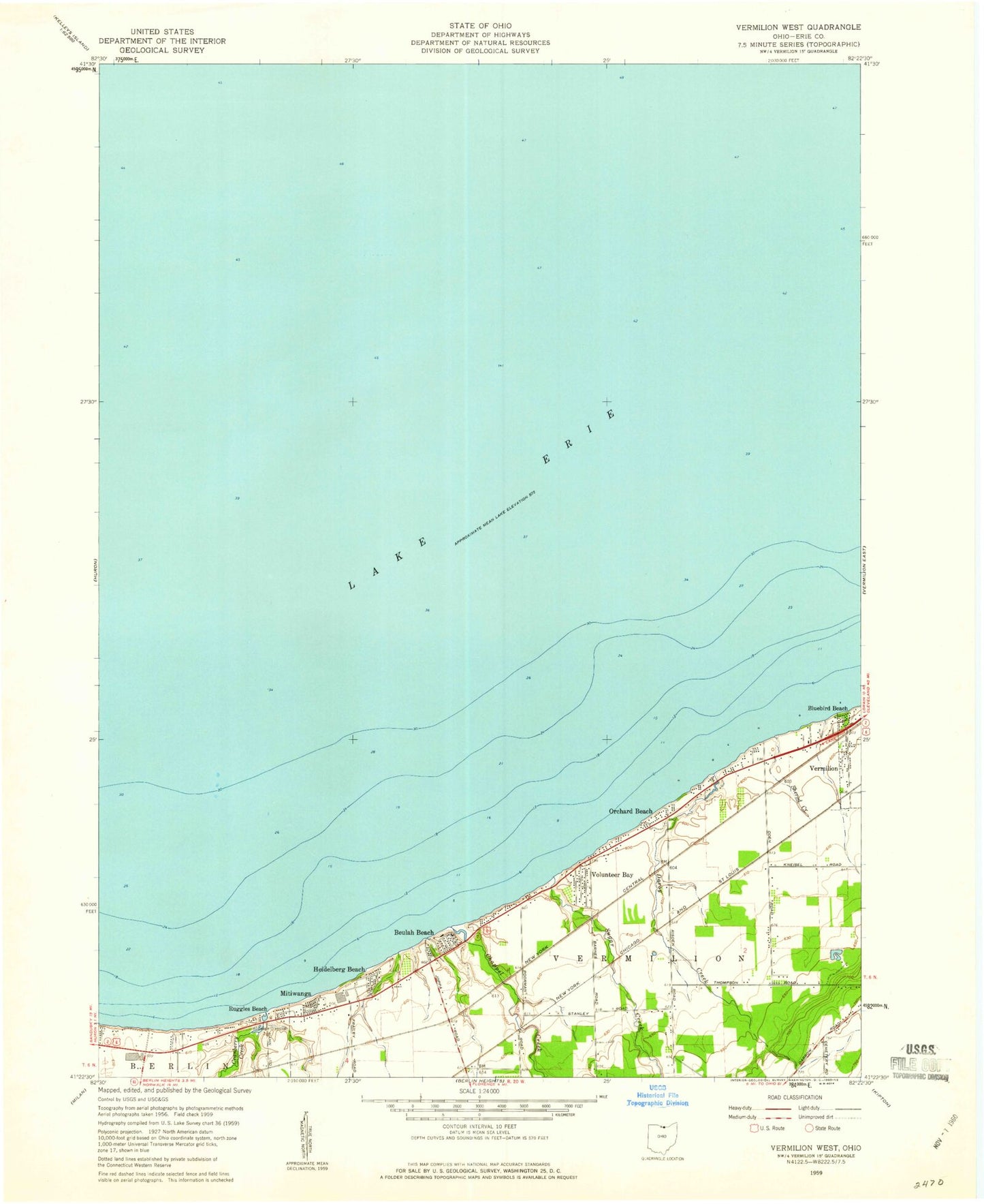 Classic USGS Vermilion West Ohio 7.5'x7.5' Topo Map Image