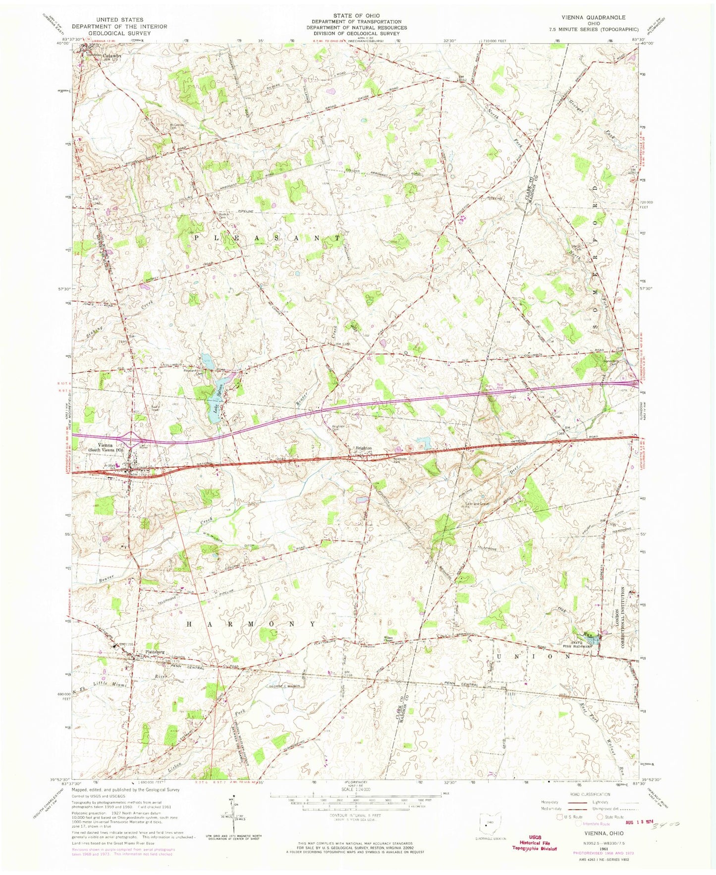 Classic USGS South Vienna Ohio 7.5'x7.5' Topo Map Image