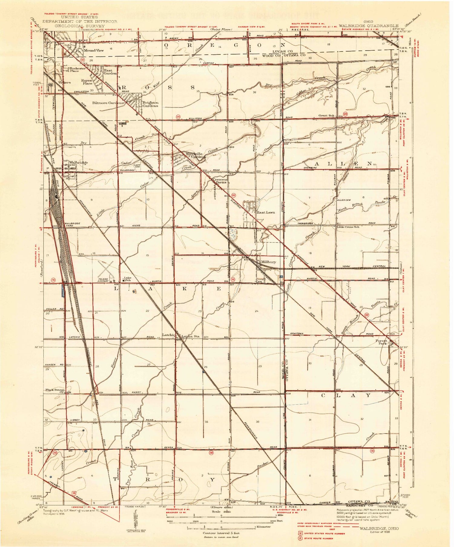 Classic USGS Walbridge Ohio 7.5'x7.5' Topo Map Image
