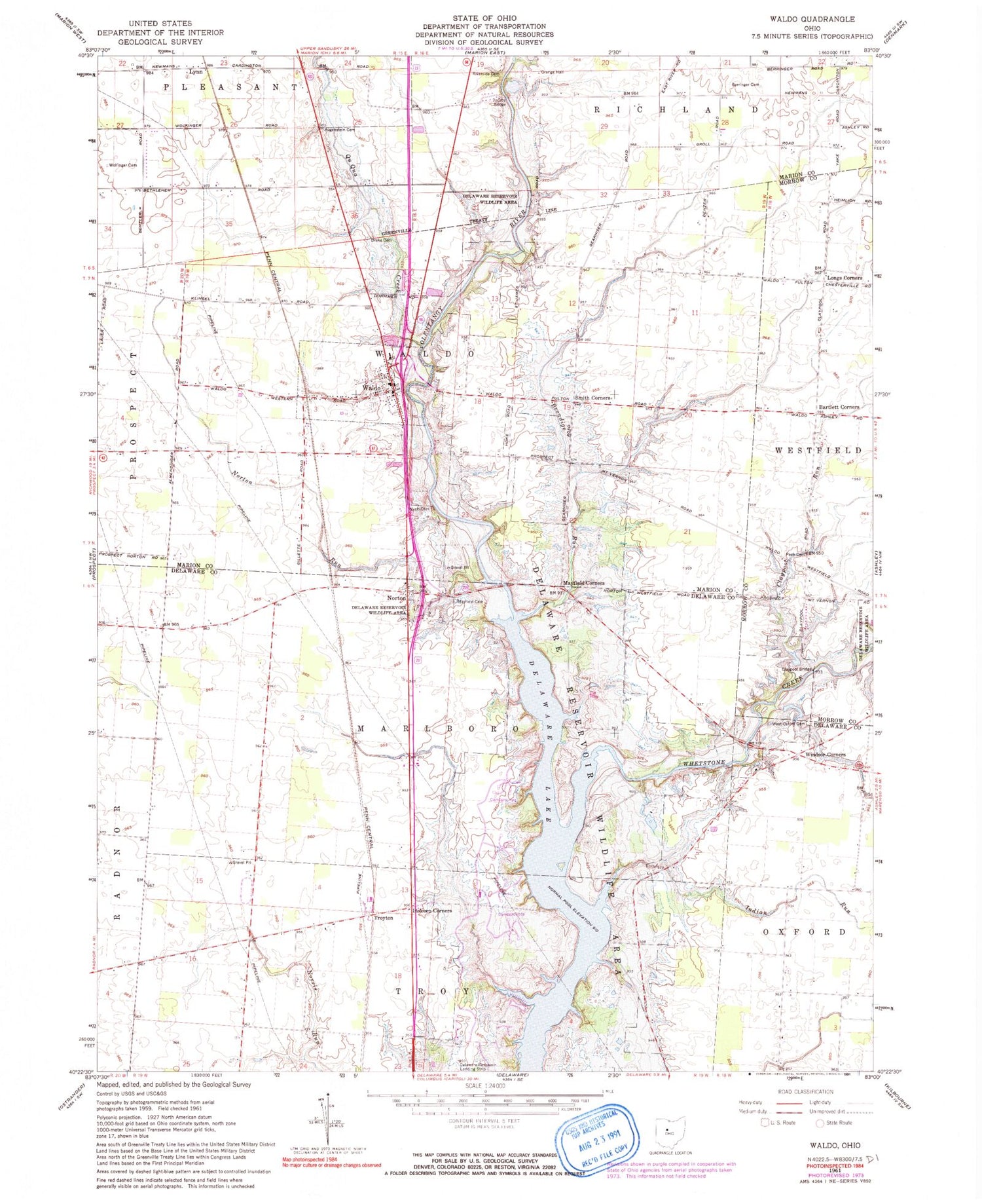 Classic USGS Waldo Ohio 7.5'x7.5' Topo Map Image