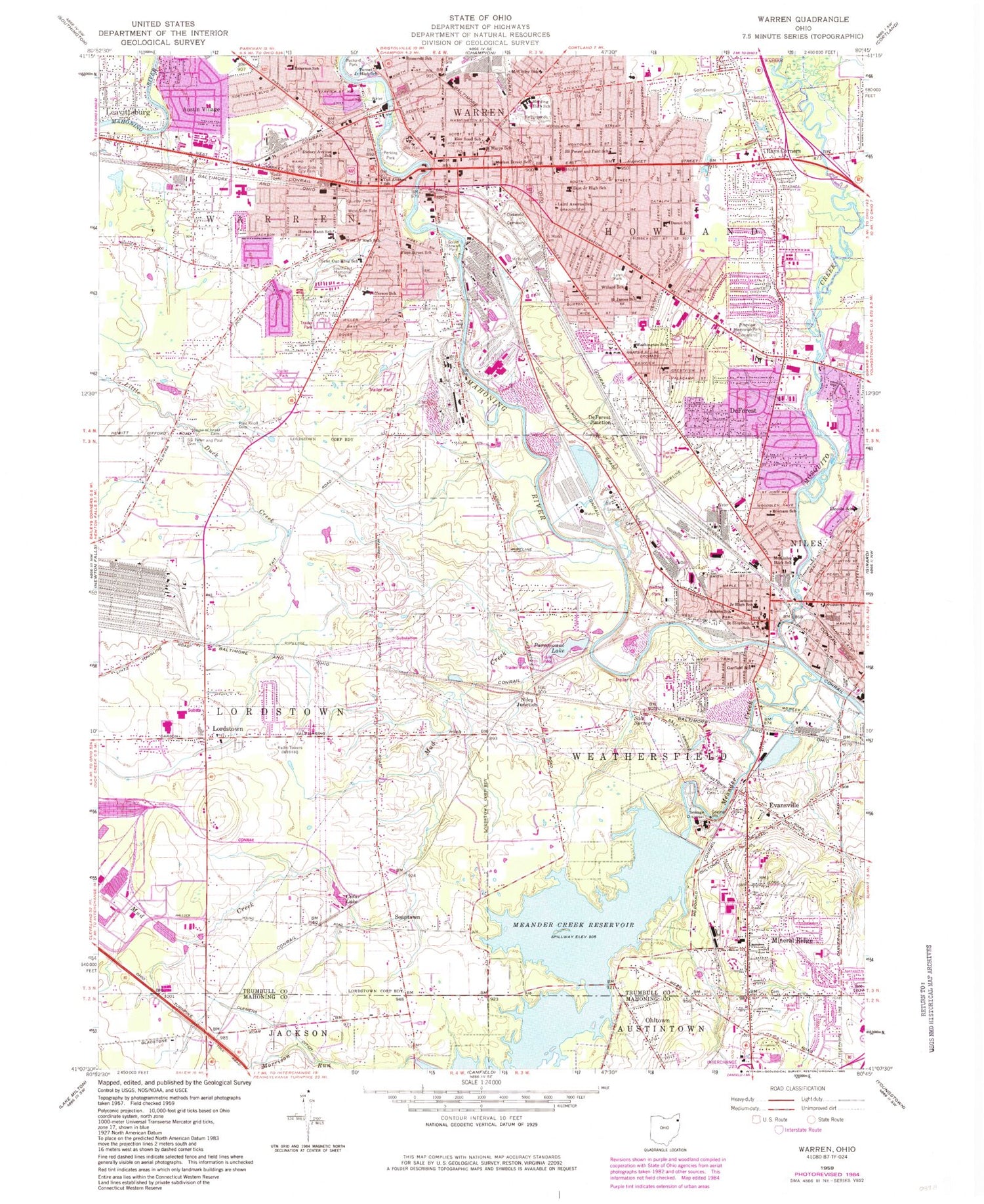 Classic USGS Warren Ohio 7.5'x7.5' Topo Map Image