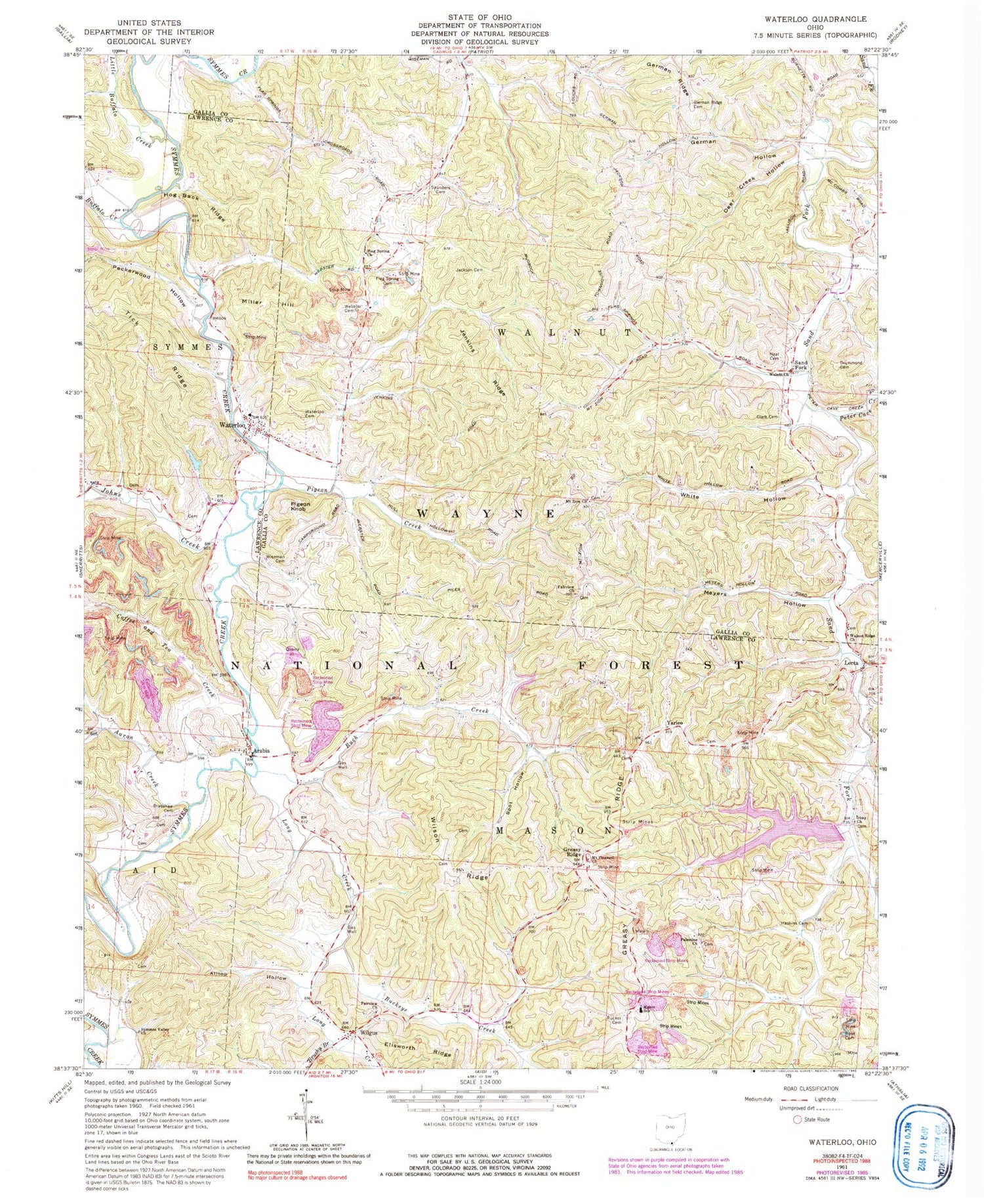 Classic USGS Waterloo Ohio 7.5'x7.5' Topo Map Image