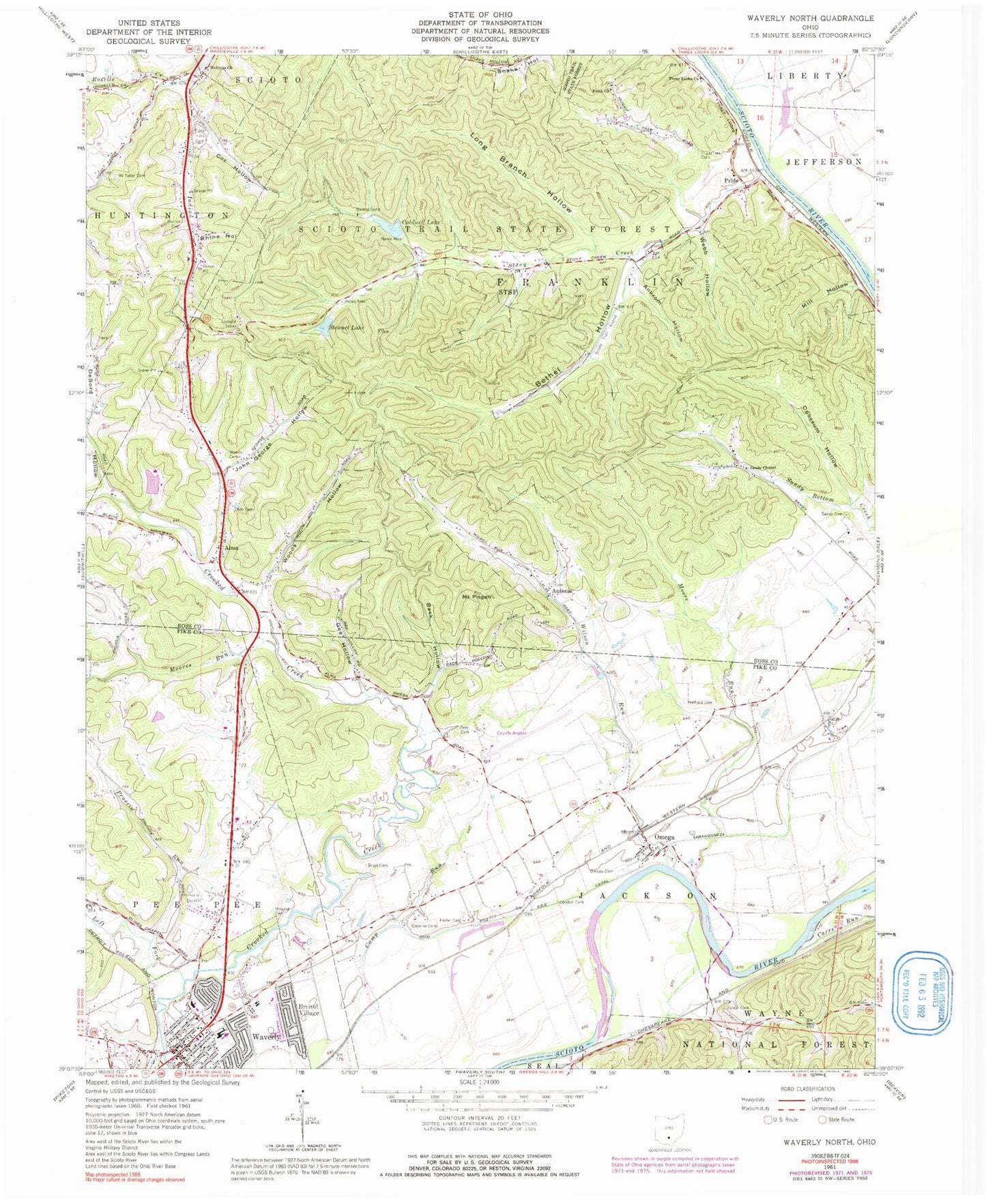 Classic USGS Waverly North Ohio 7.5'x7.5' Topo Map Image