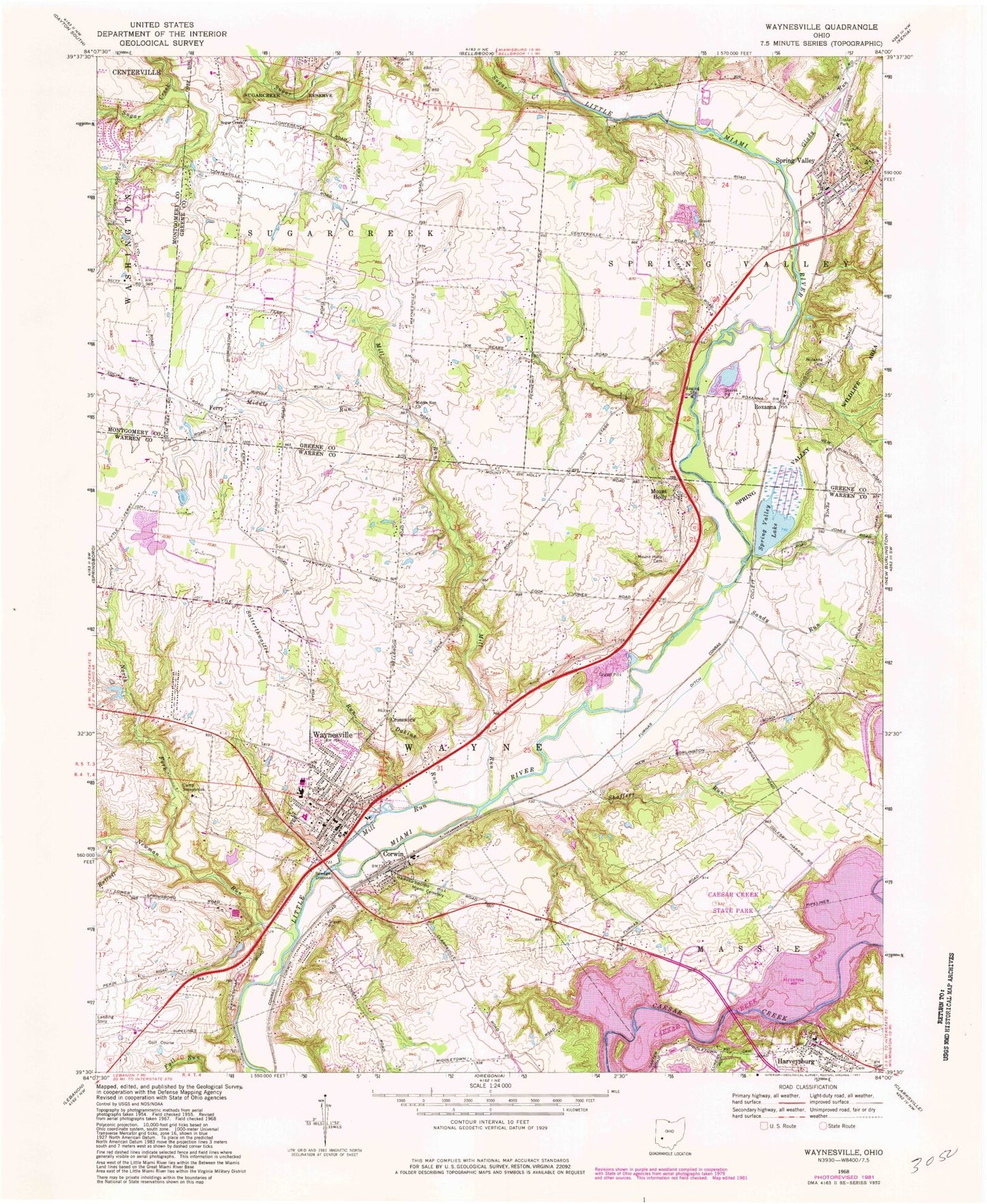 Classic USGS Waynesville Ohio 7.5'x7.5' Topo Map Image