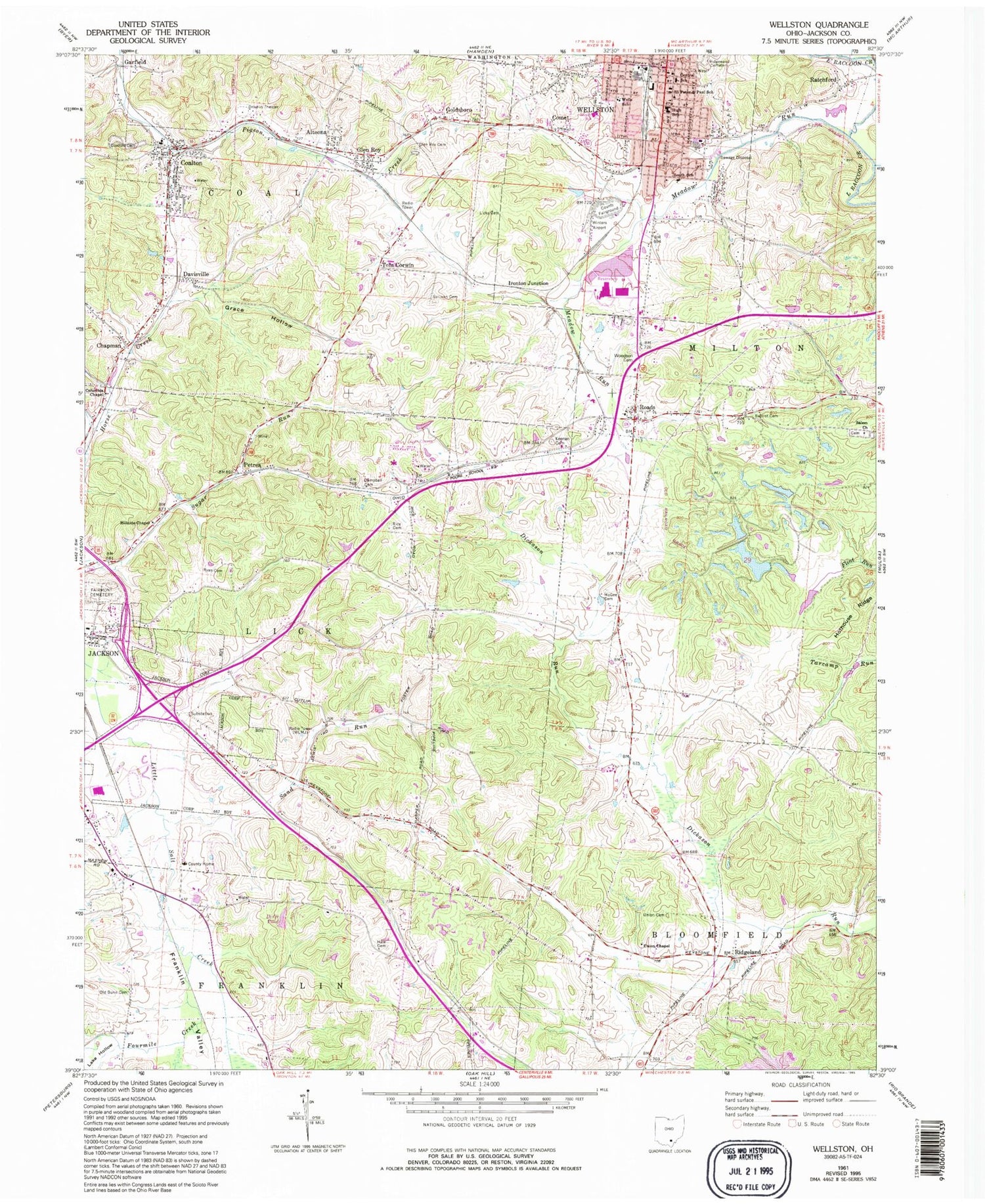 Classic USGS Wellston Ohio 7.5'x7.5' Topo Map Image