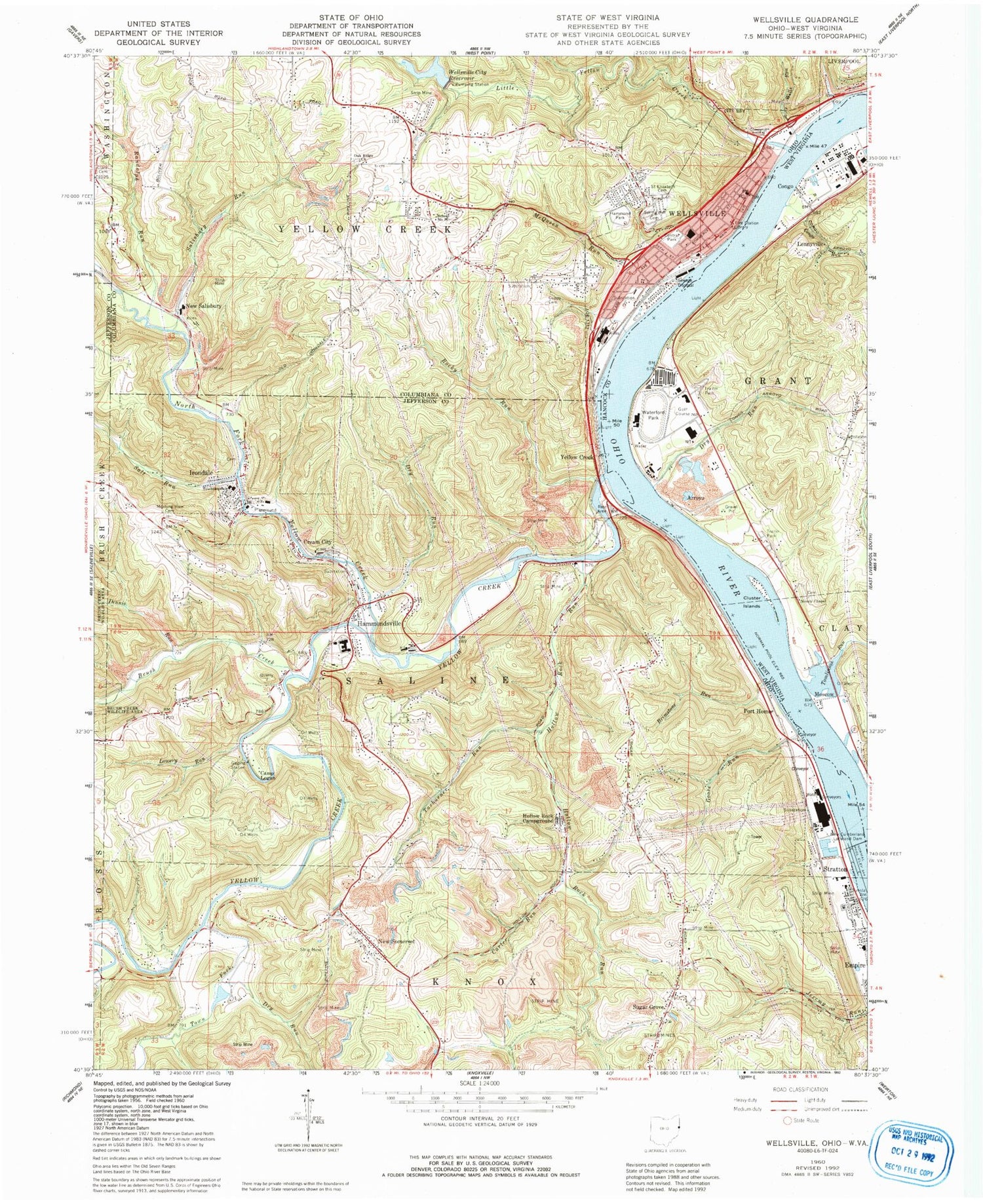 Classic USGS Wellsville Ohio 7.5'x7.5' Topo Map Image