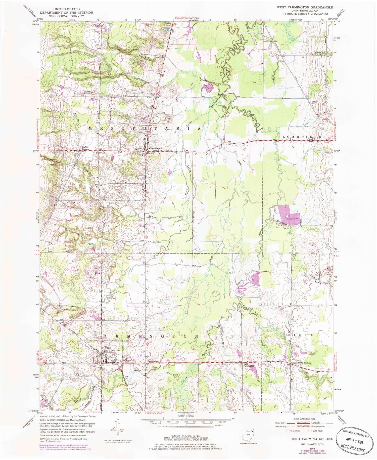 Classic USGS West Farmington Ohio 7.5'x7.5' Topo Map Image