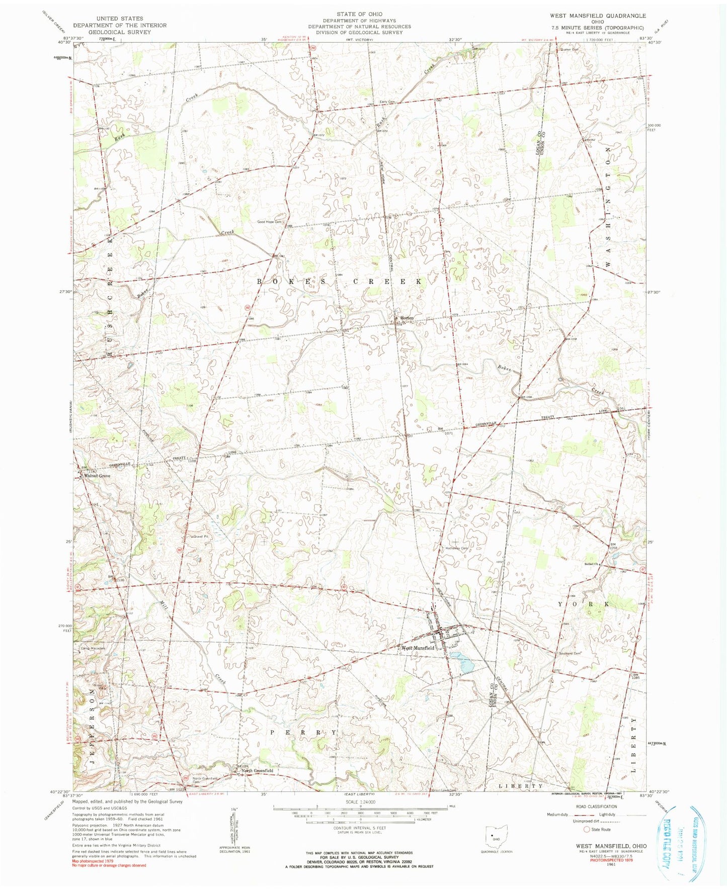 Classic USGS West Mansfield Ohio 7.5'x7.5' Topo Map Image