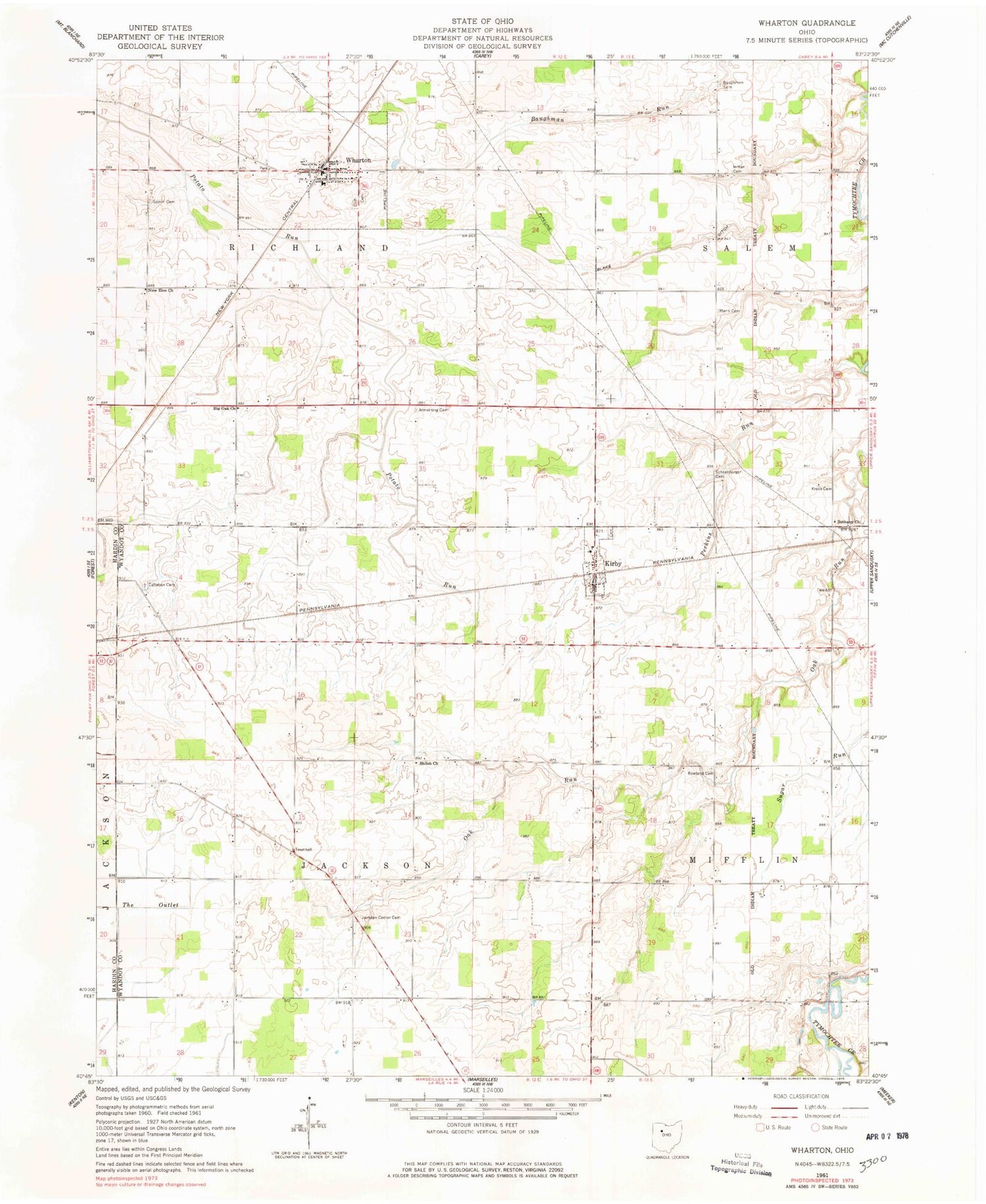 Classic USGS Wharton Ohio 7.5'x7.5' Topo Map Image