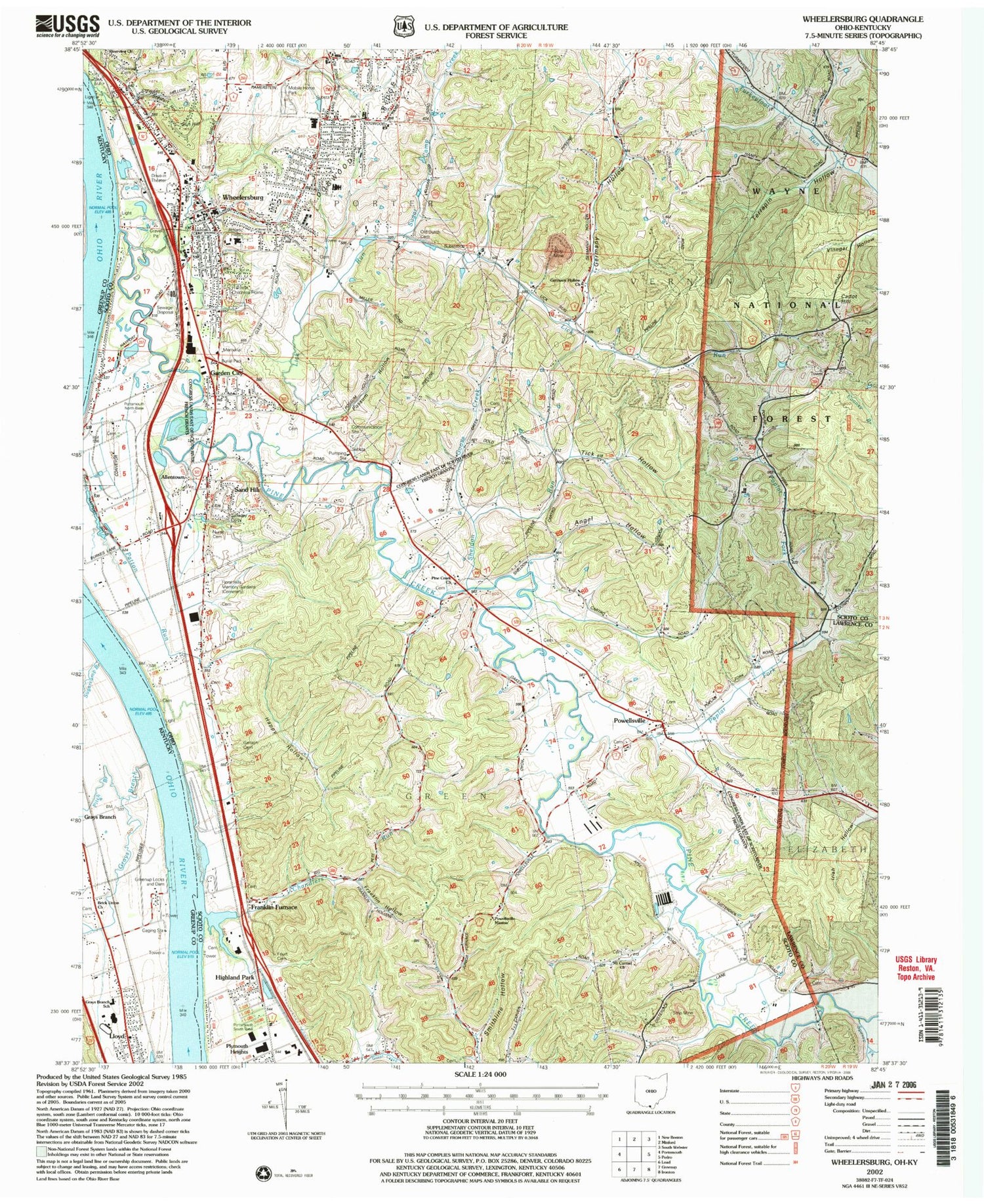 Classic USGS Wheelersburg Ohio 7.5'x7.5' Topo Map Image