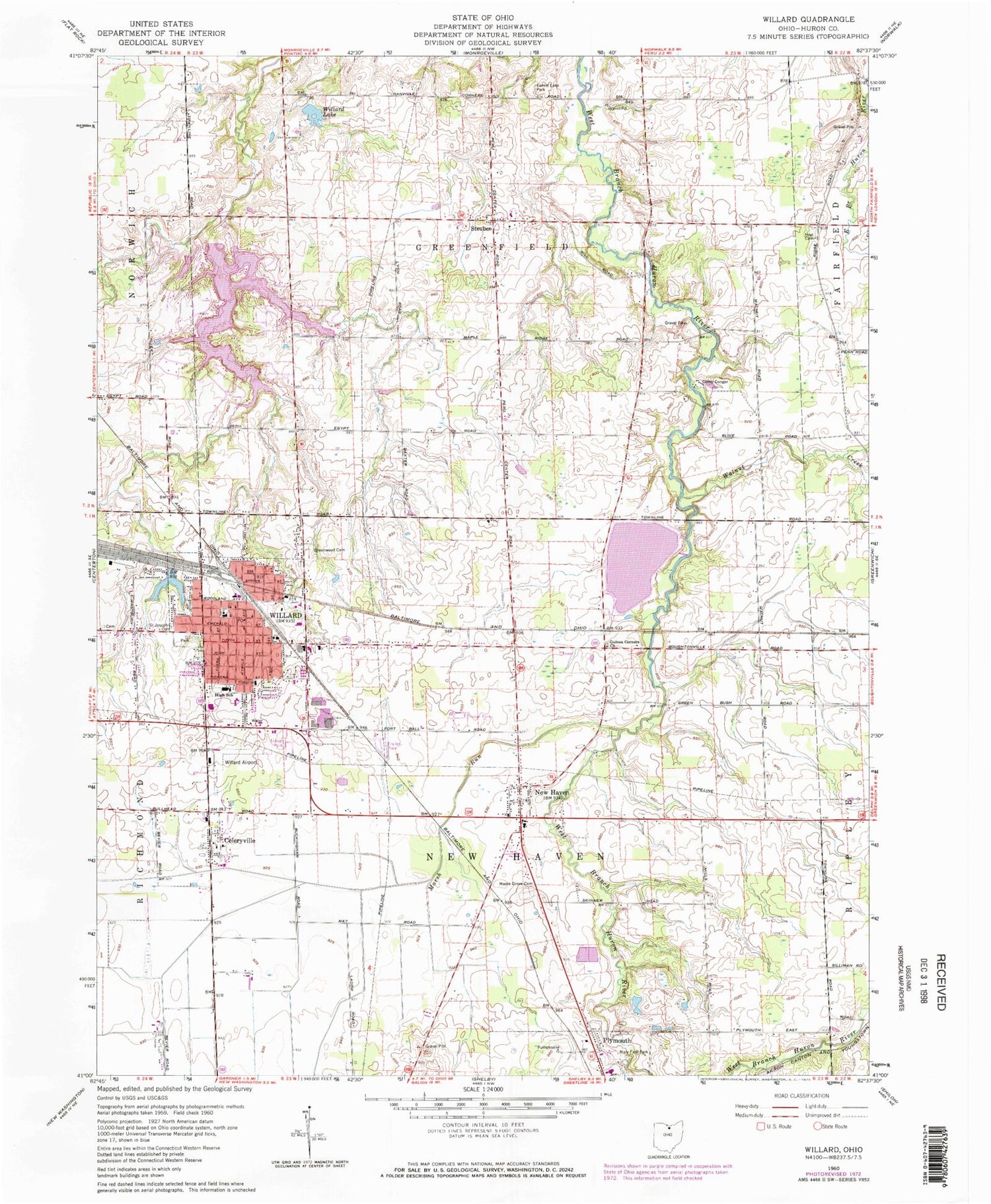 Classic USGS Willard Ohio 7.5'x7.5' Topo Map Image